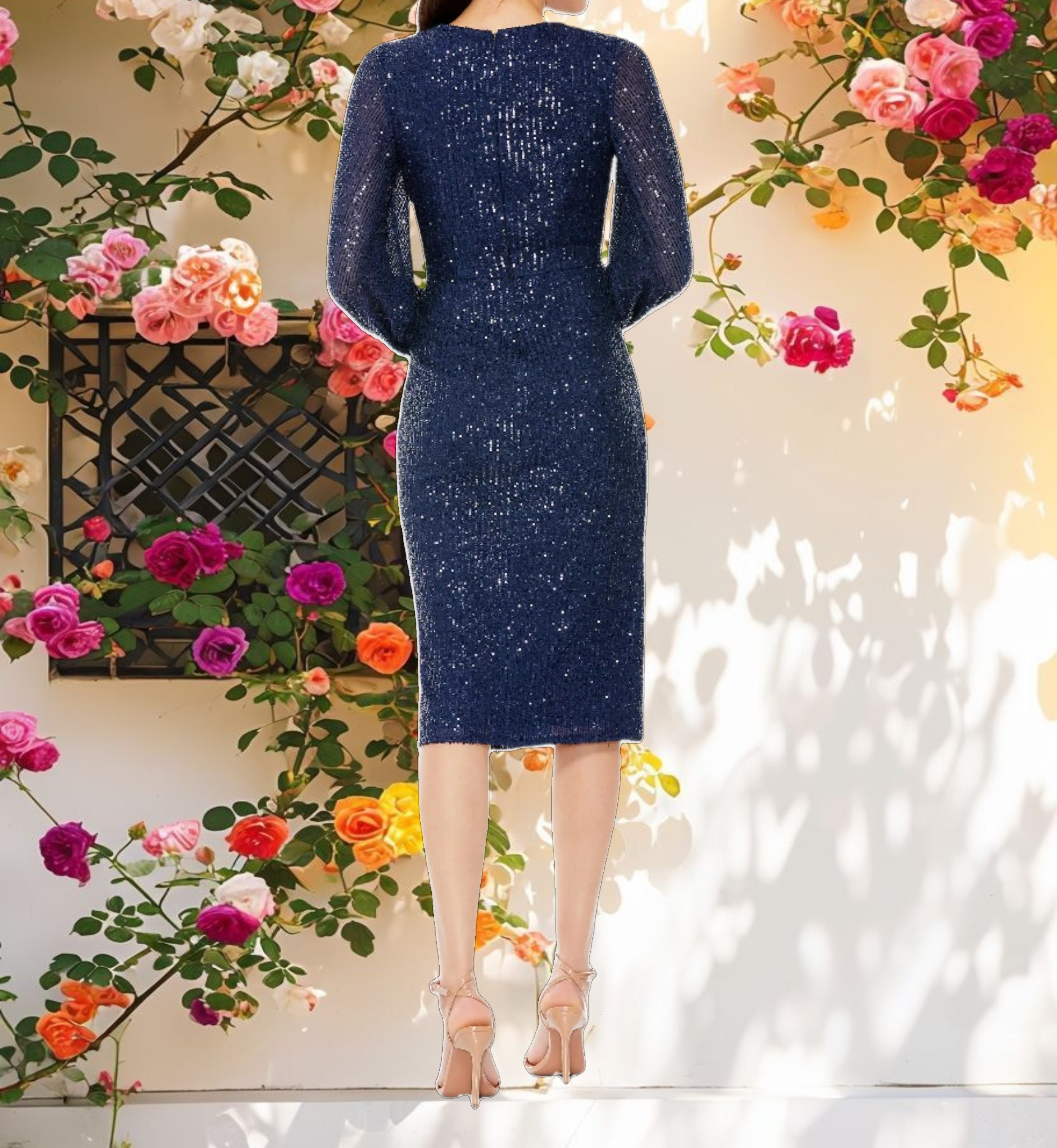 Navy Sequined Puff Sleeve High Neck Dress