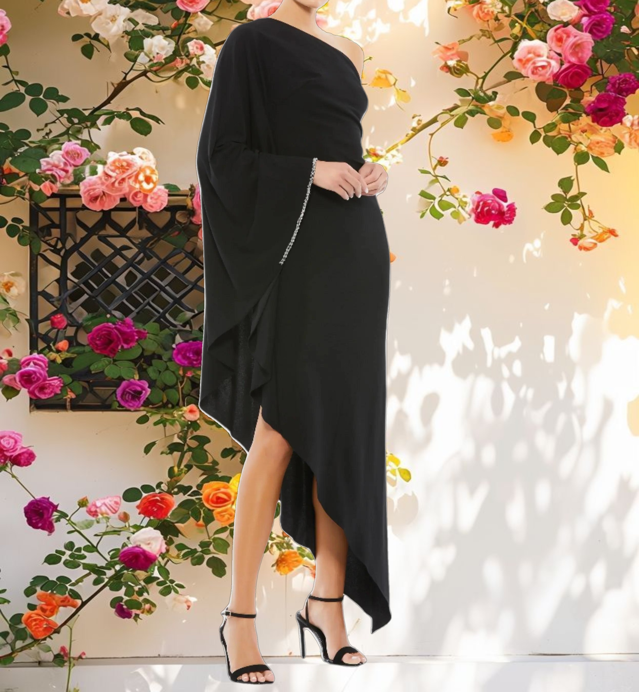 Black Flowy Asymmetrical Hem Dress