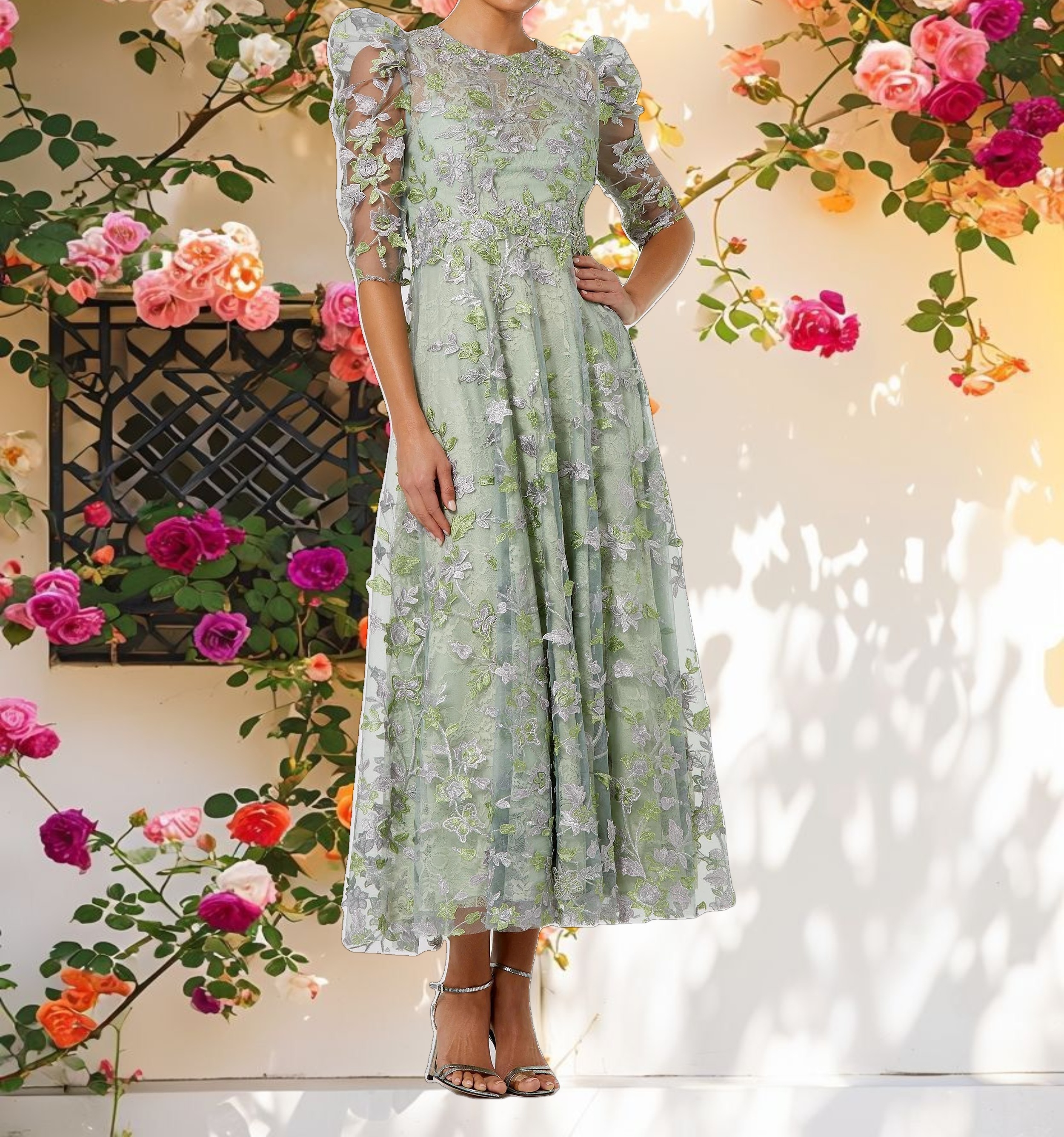 Green Applique High Neck Puff Sleeve A Line Dress