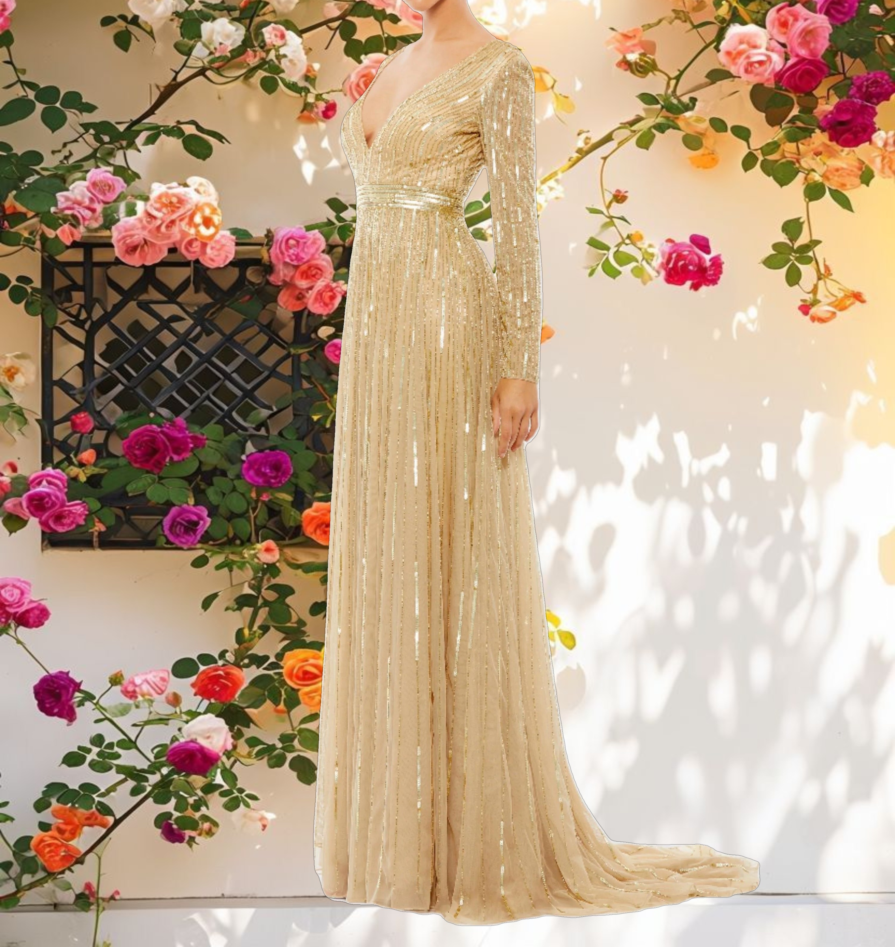 Gold Sequined V Neck Illusion Sleeve A Line Gown