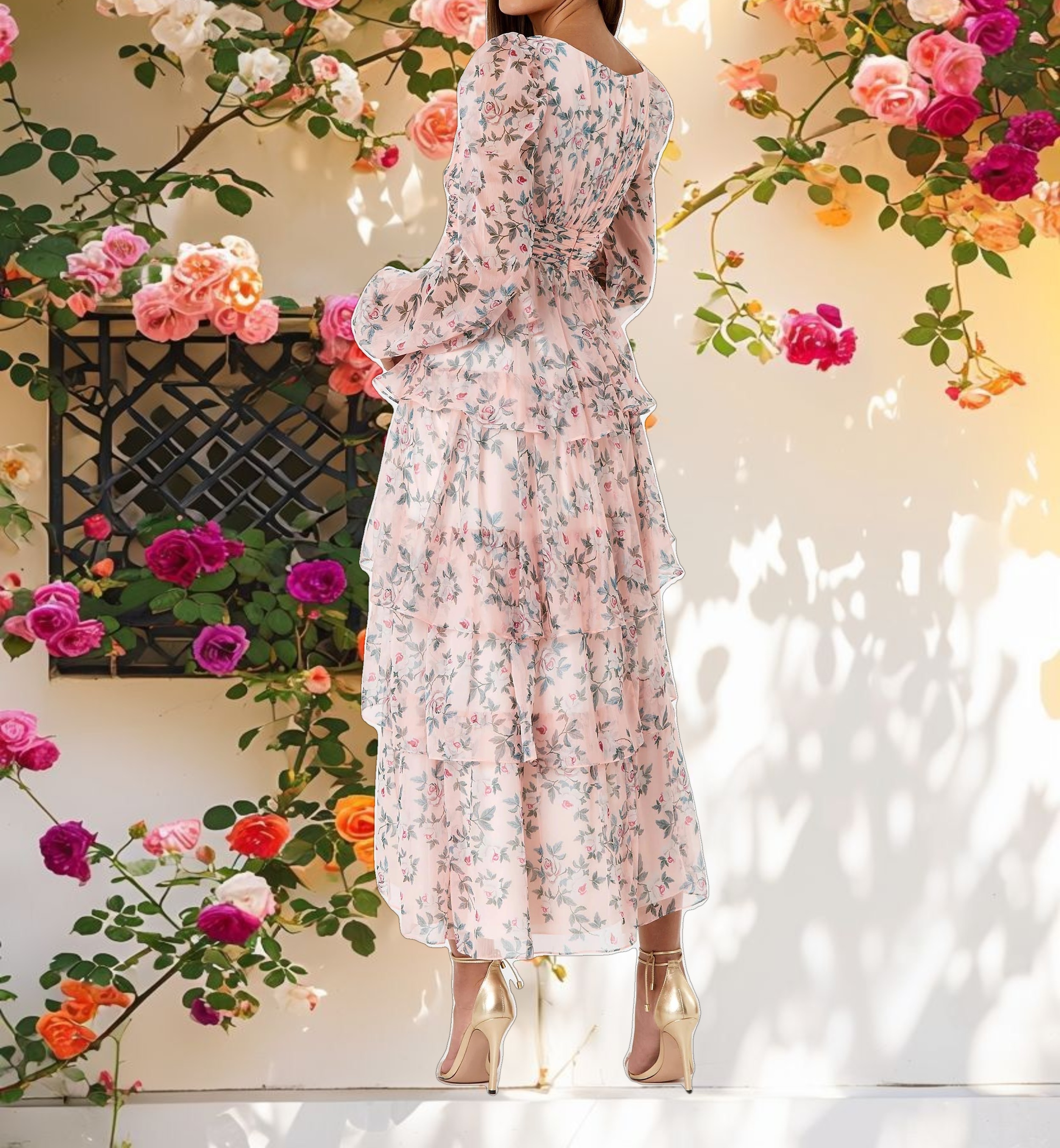 Pink Puff Sleeve Floral Printed Dress