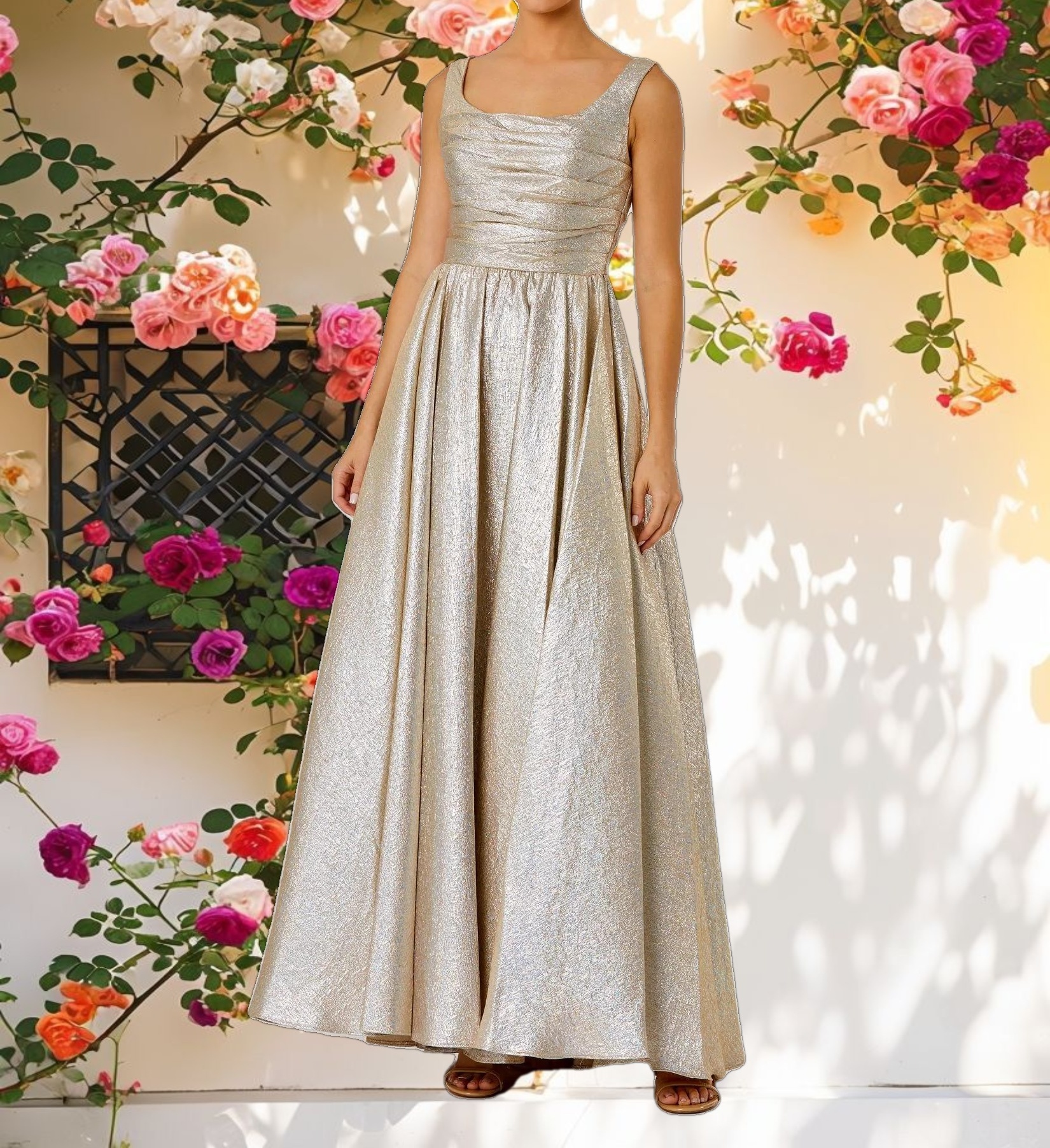 Gold Metallic Pleated Bodice Ballgown