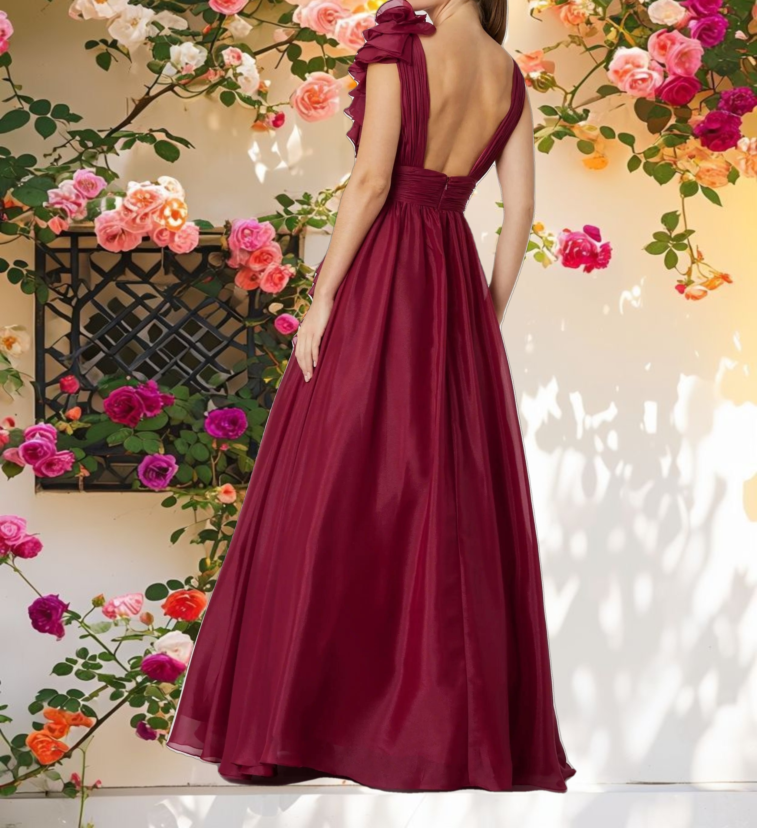 Dark Red Ruffle Shoulder V Neck Chiffon Gown