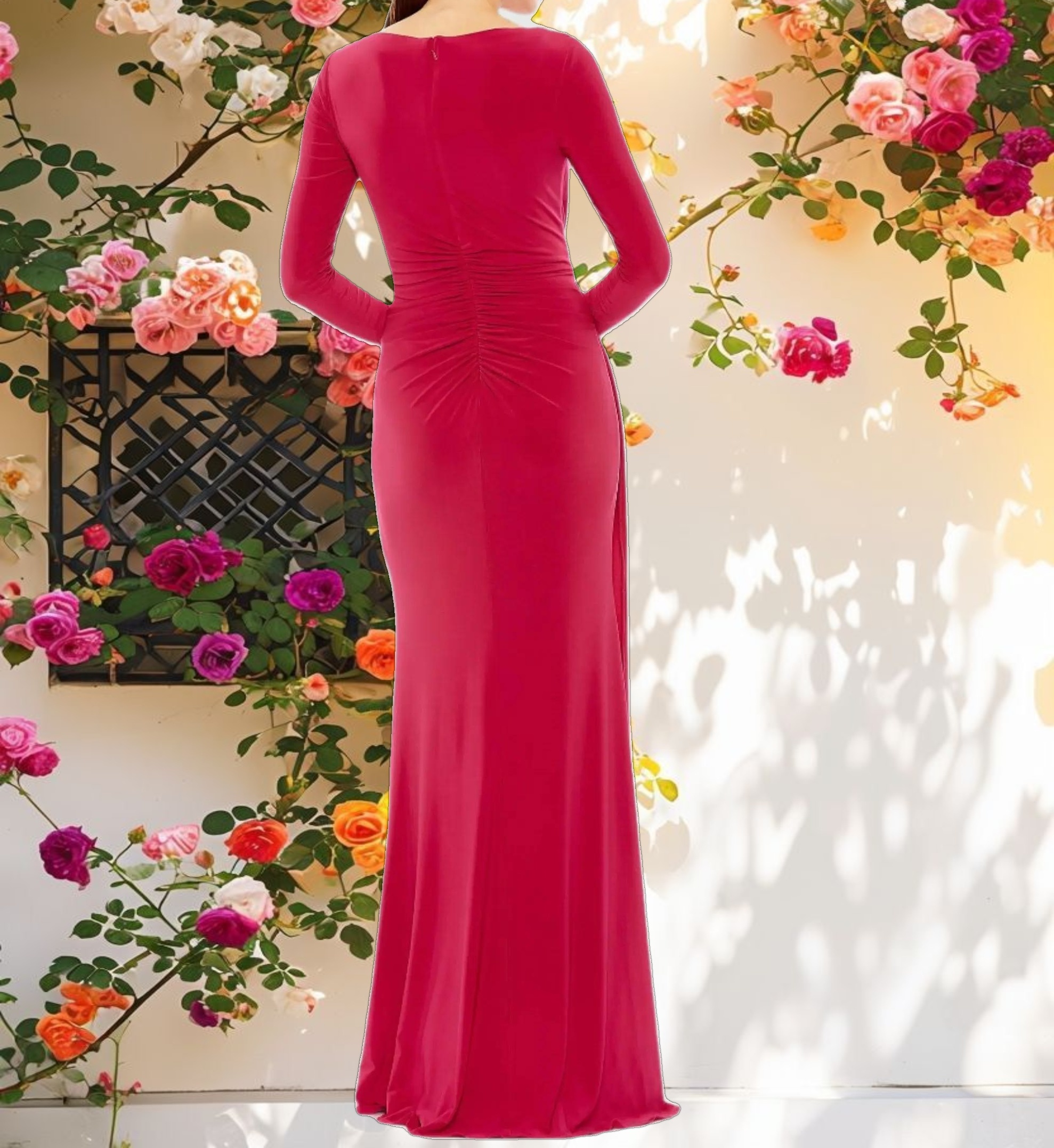 Ruched Long Sleeve Cowl Neck Gown