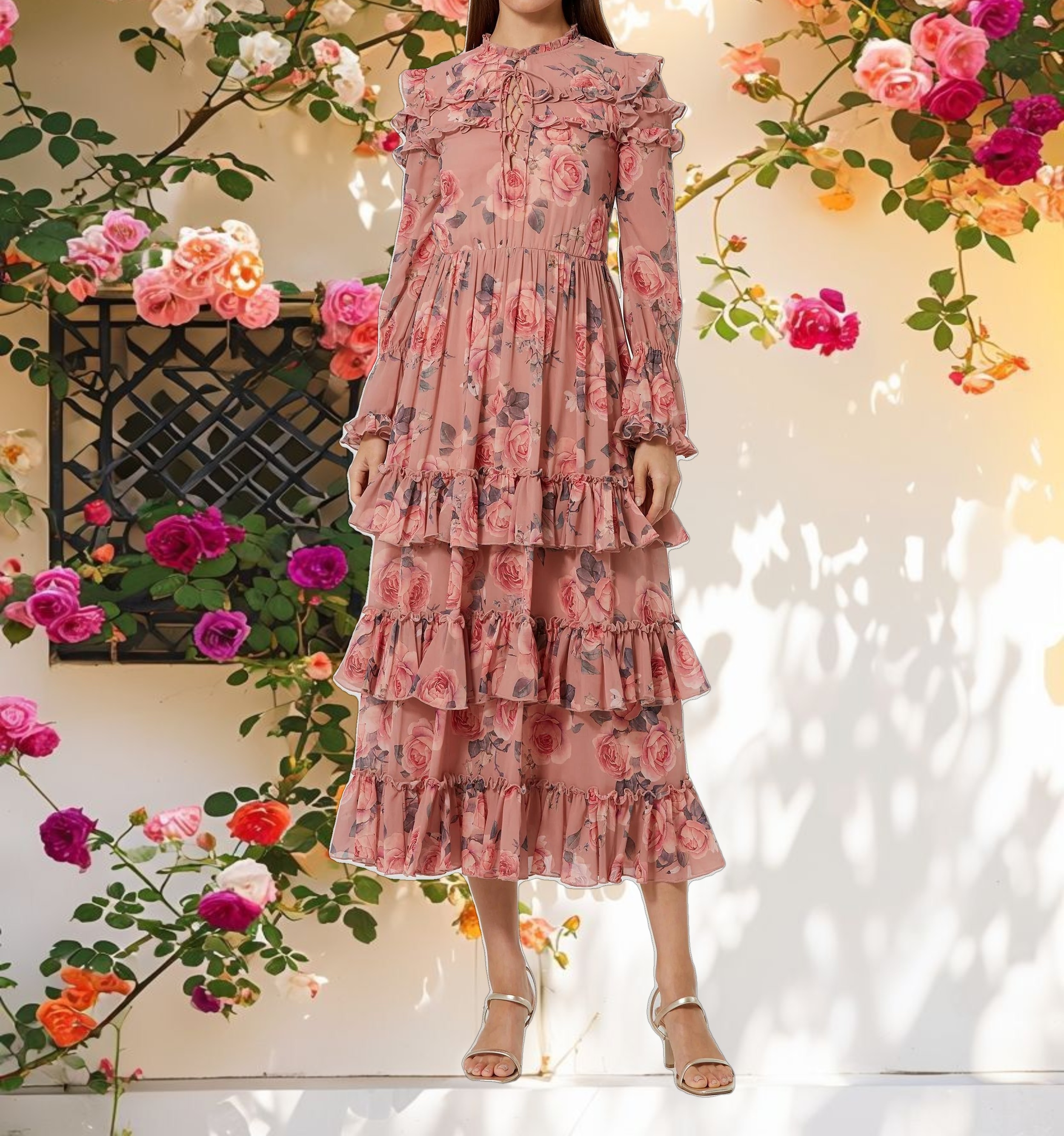 Pink Long Sleeve Lace Up Front Tiered Ruffle Dress