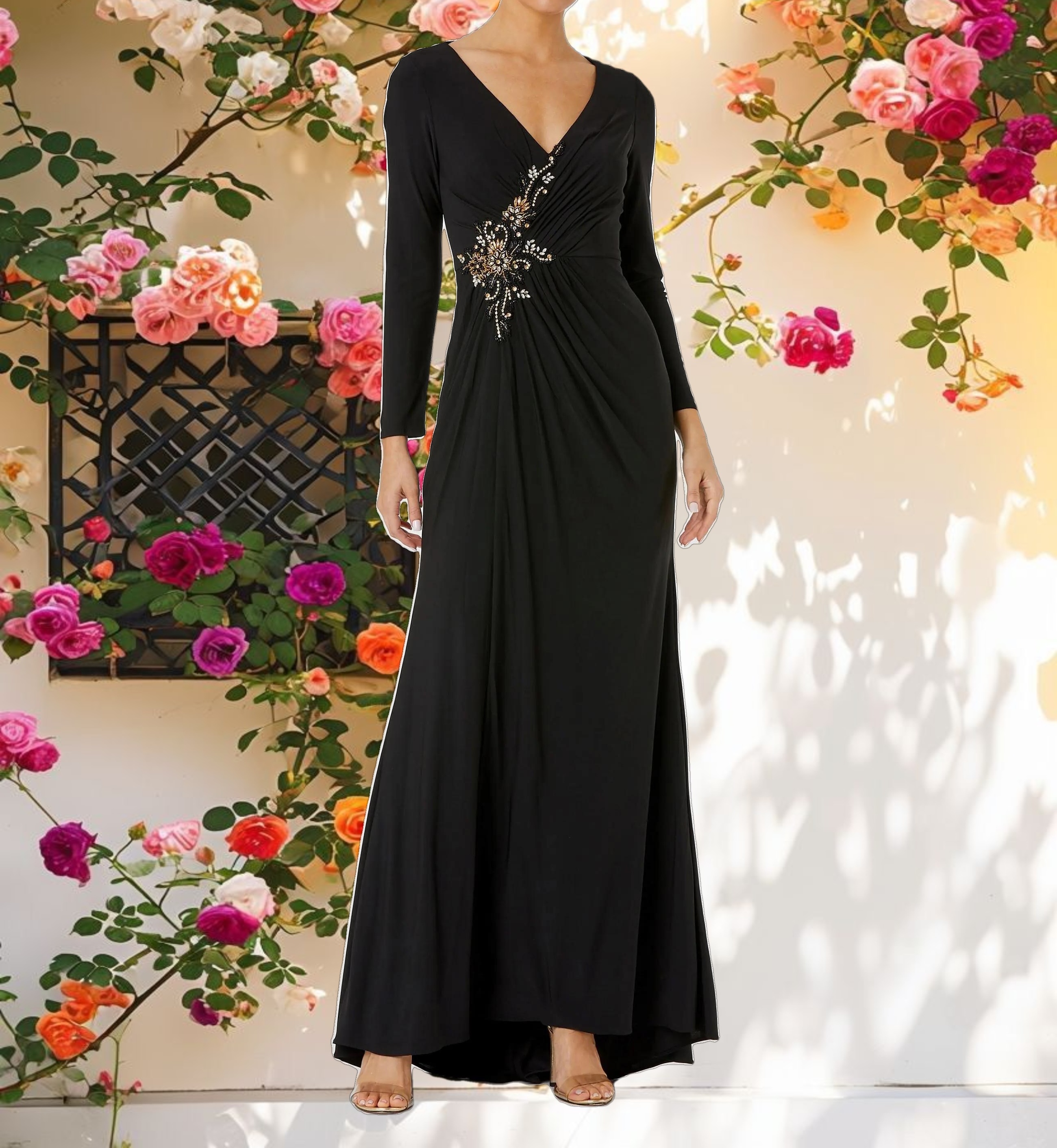 Black Synthetic Wrap Long Sleeve Dress with Decorative Detail