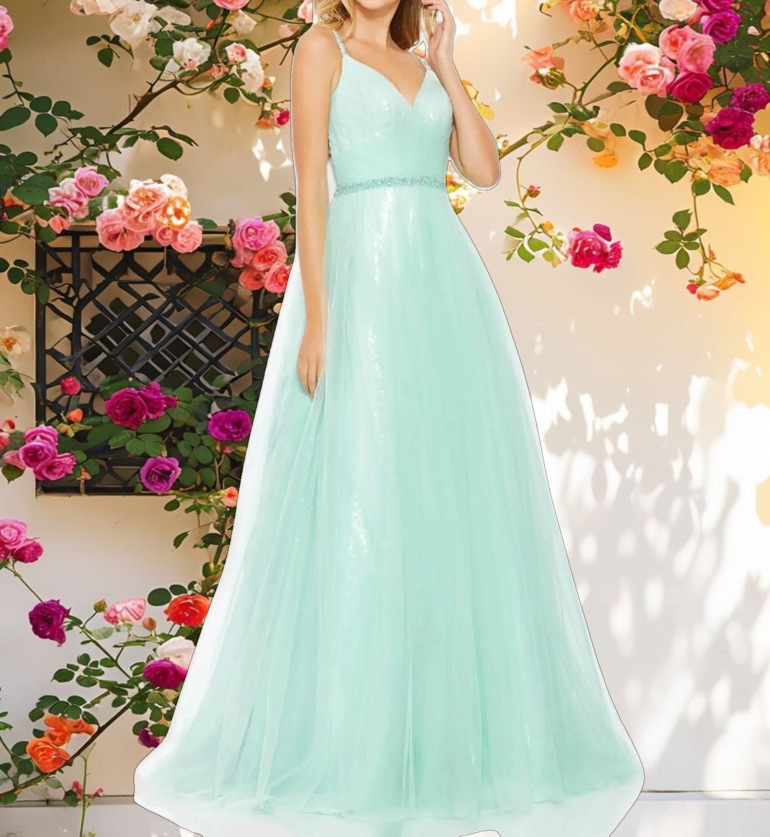 Blue V Neck Tulle Ballgown with Decorated Belt