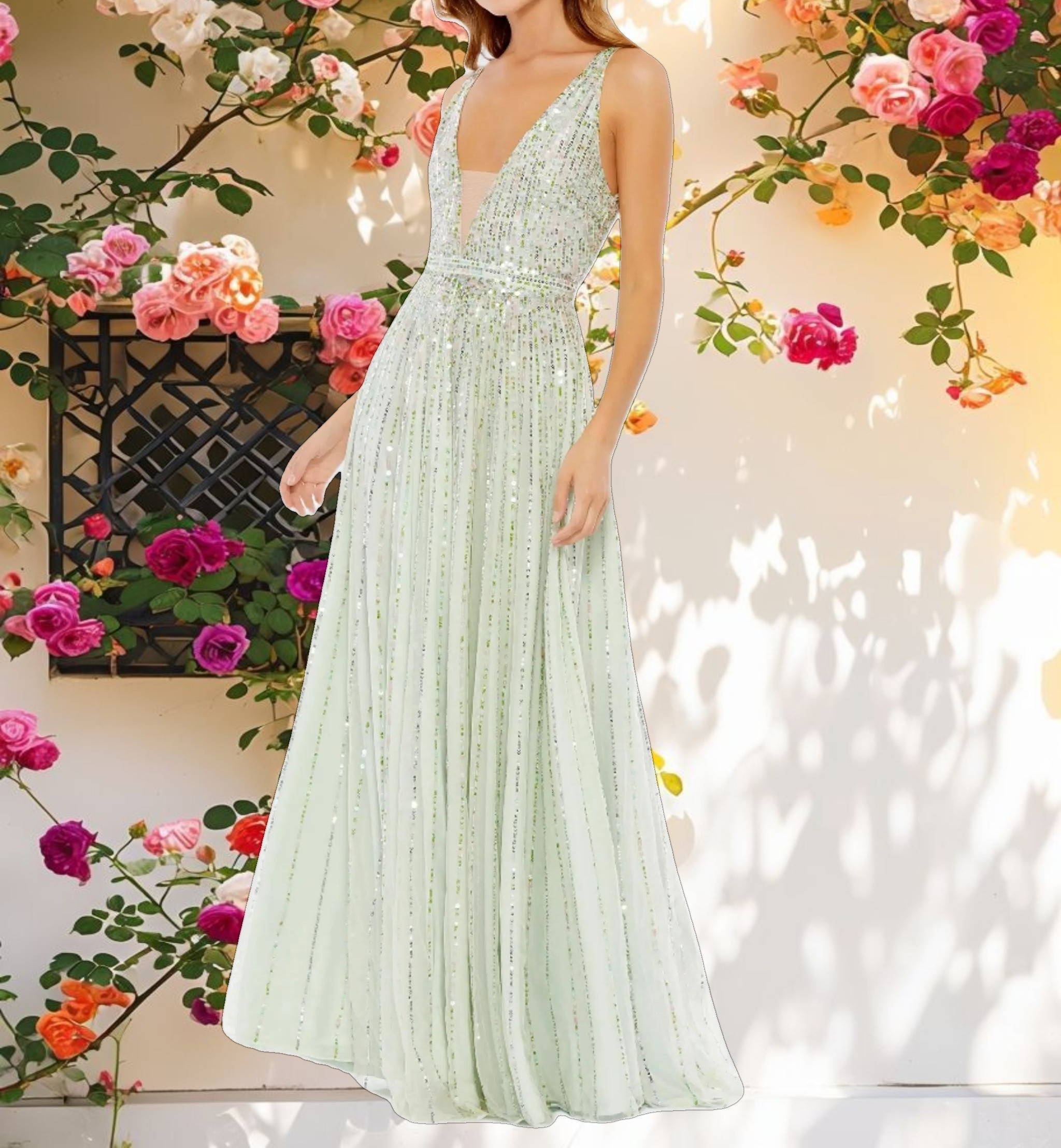 Stripped Sequin Evening Gown