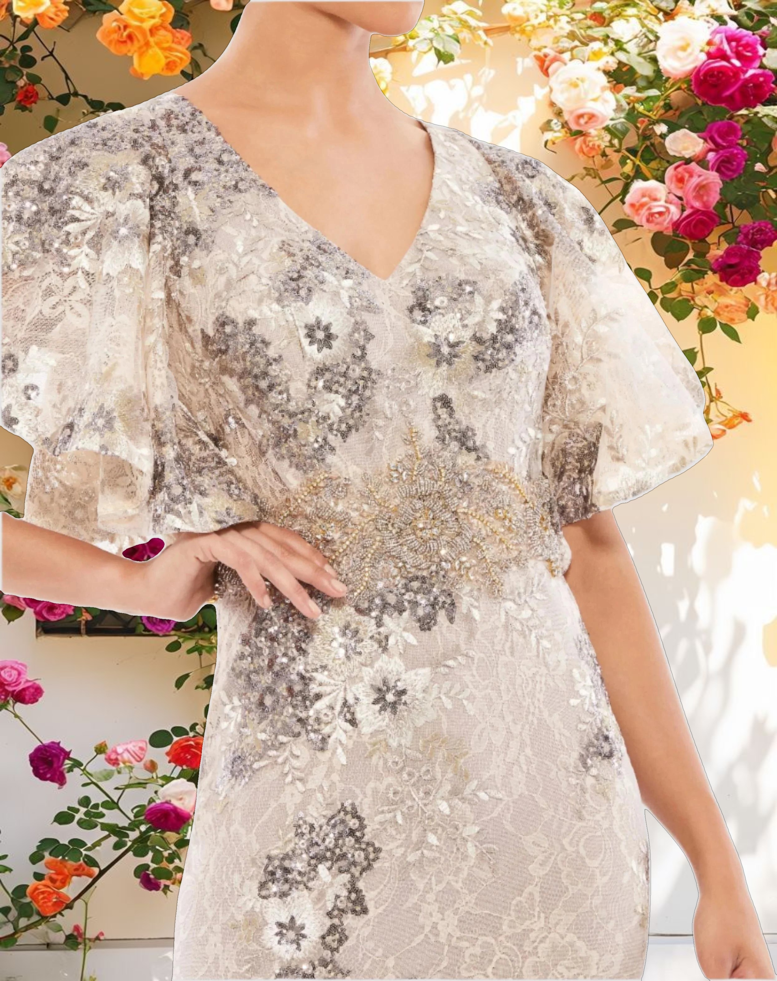Beige Bell Sleeve Floral Embellished Gown