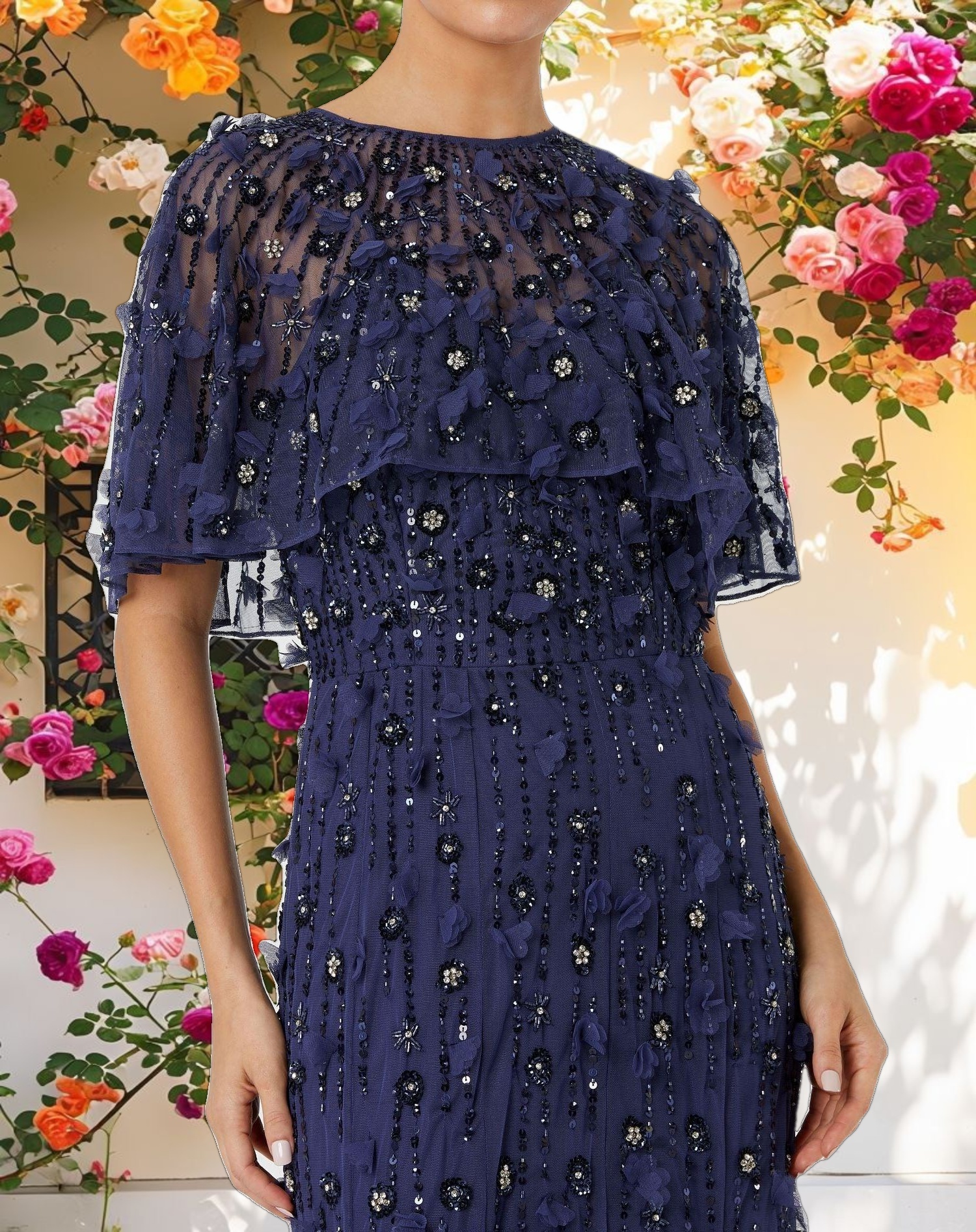 Embellished Illusion Cape Sleeve Trumpet Gown