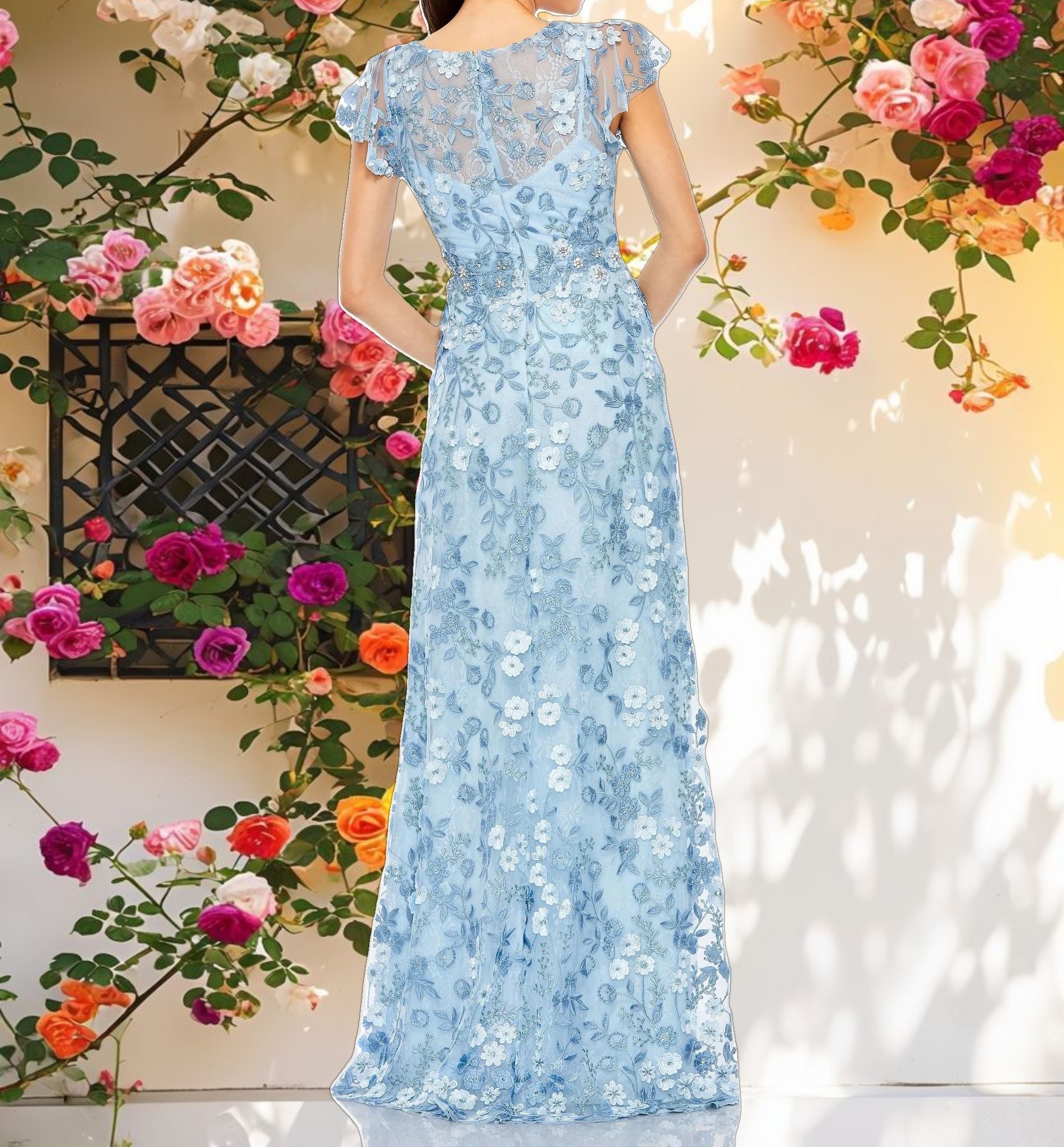Blue Embroidered Applique Wrap Over Flutter Sleeve Gown