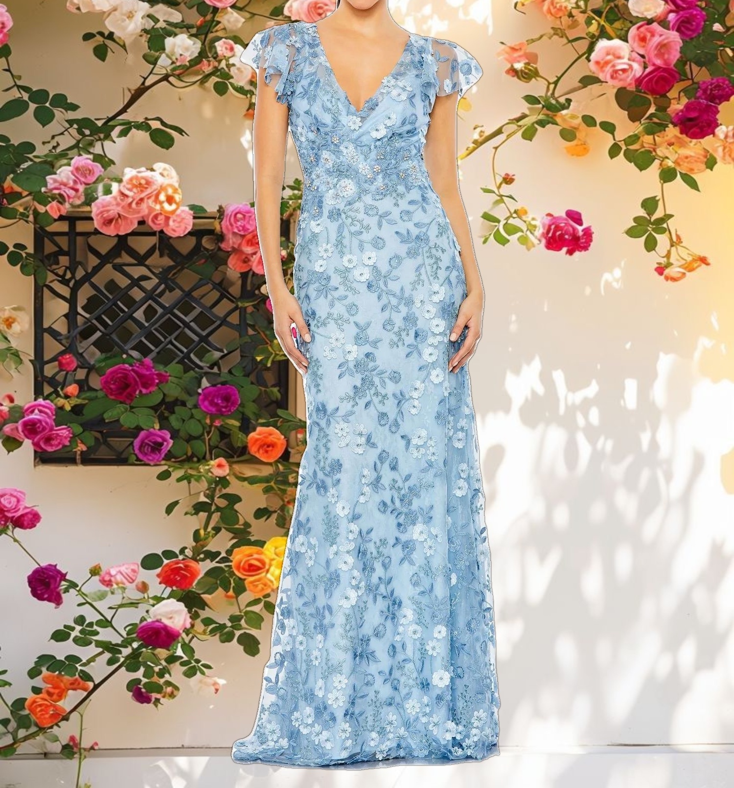 Blue Embroidered Applique Wrap Over Flutter Sleeve Gown