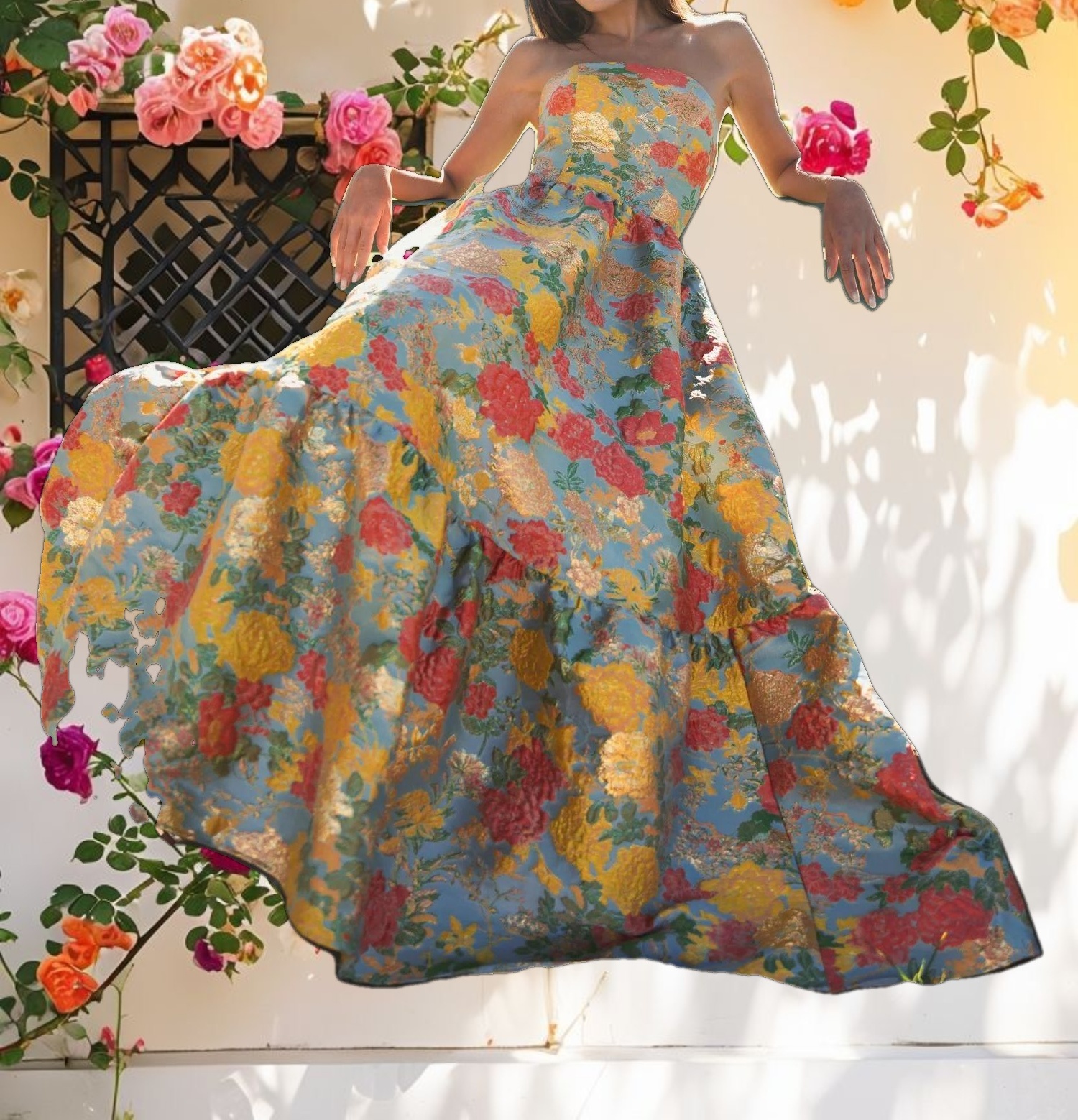 Multi-color Strapless Floral Dress With Ruffle Hem