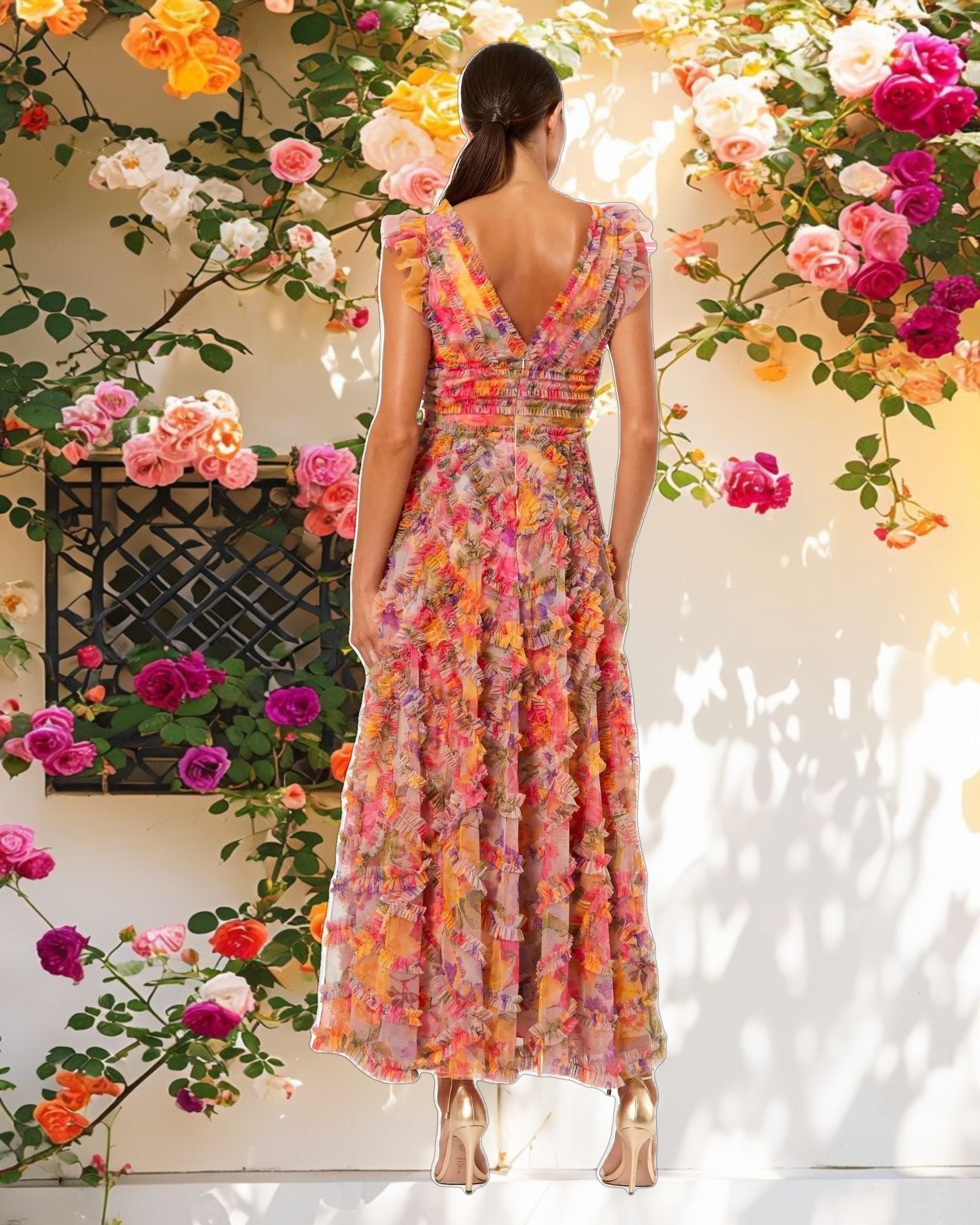 Multi Color Floral Mesh V Neck Dress