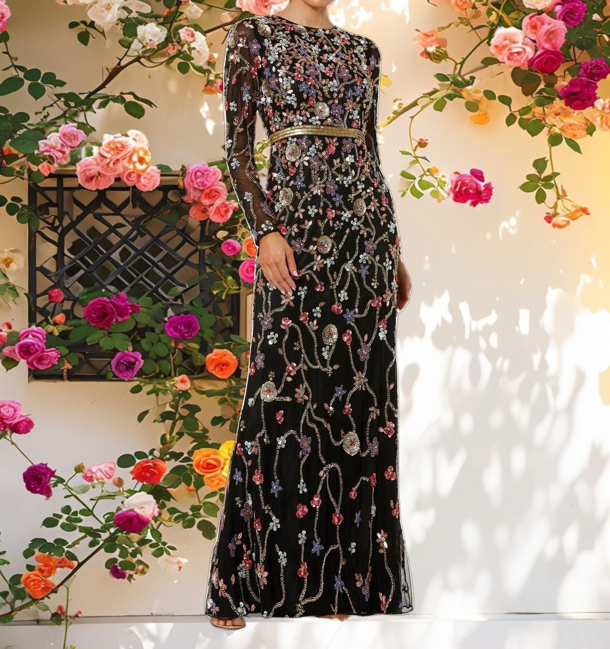 Embellished Mesh Long Sleeve Gown