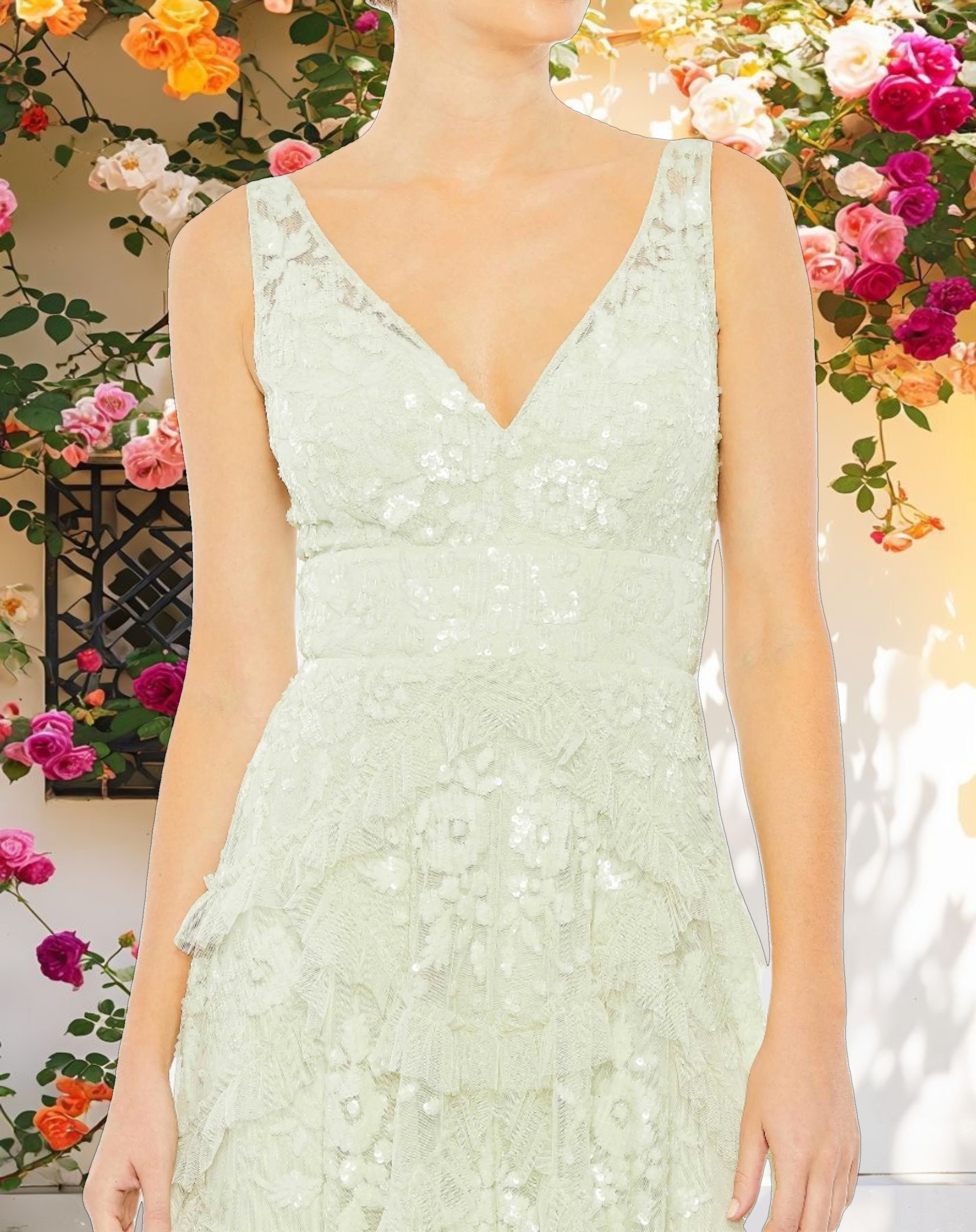 Green Sequined Scallop Ruffle Tiered V Neck Gown