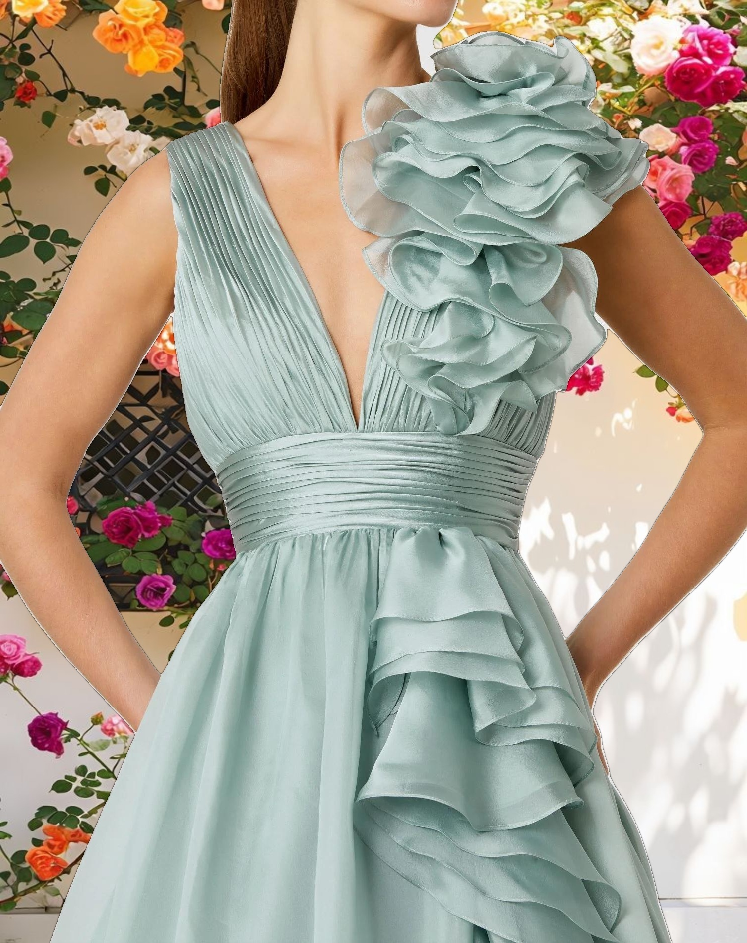 Green Ruffle Shoulder V-Neck Chiffon Gown