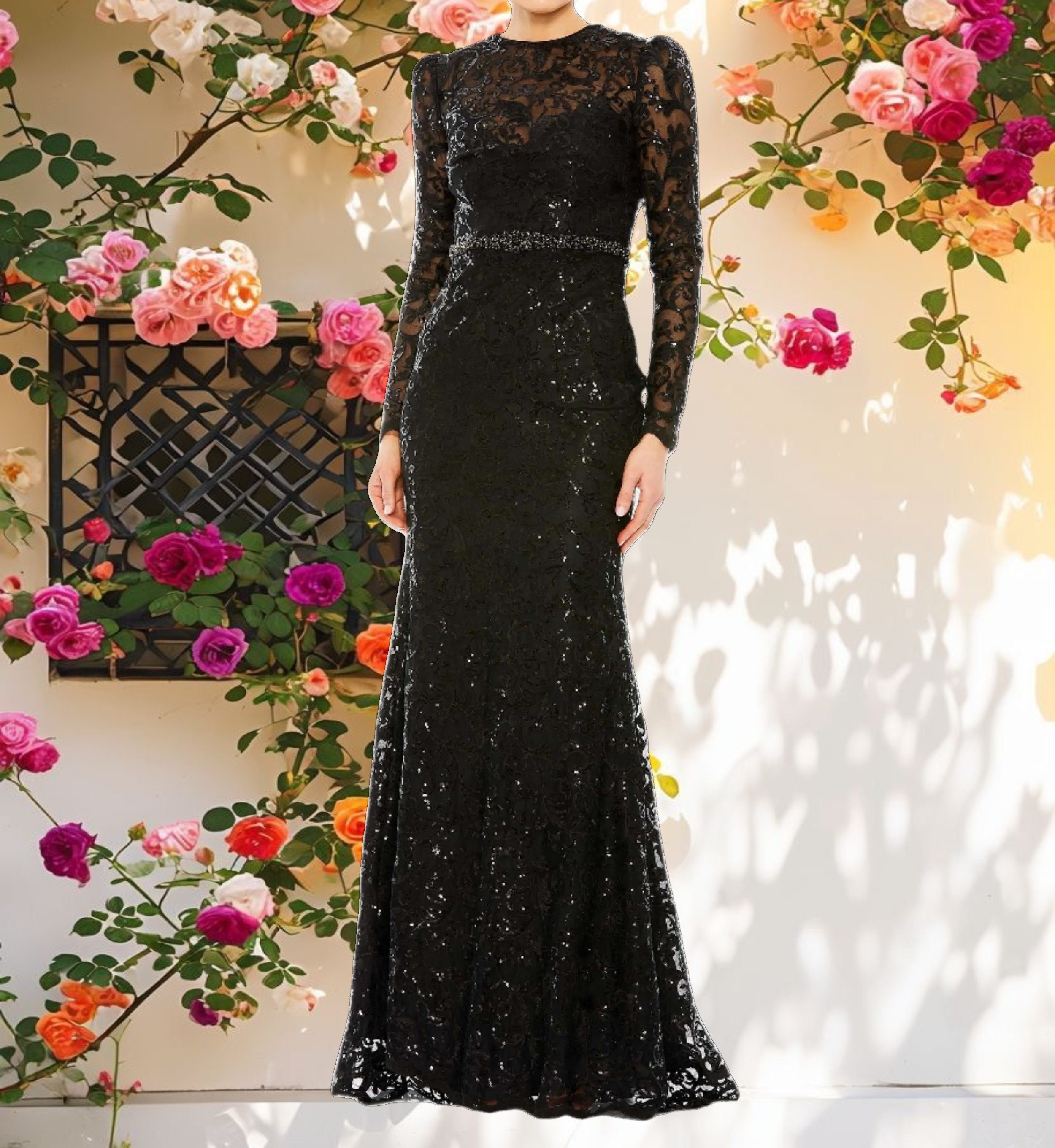 Embroidered High Neck Long Sleeve Gown