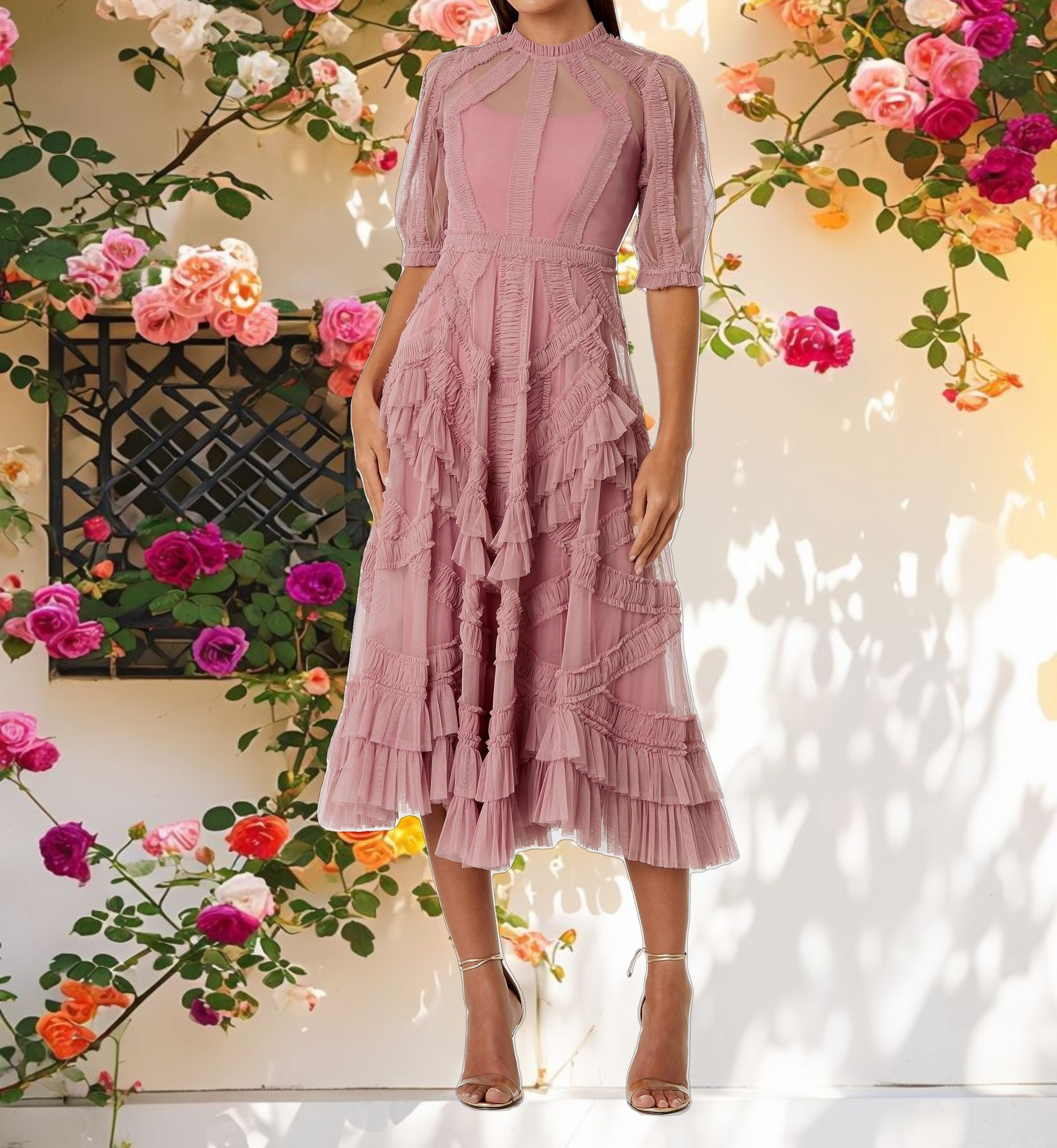 High Neck Ruffle Tiered Midi Dress