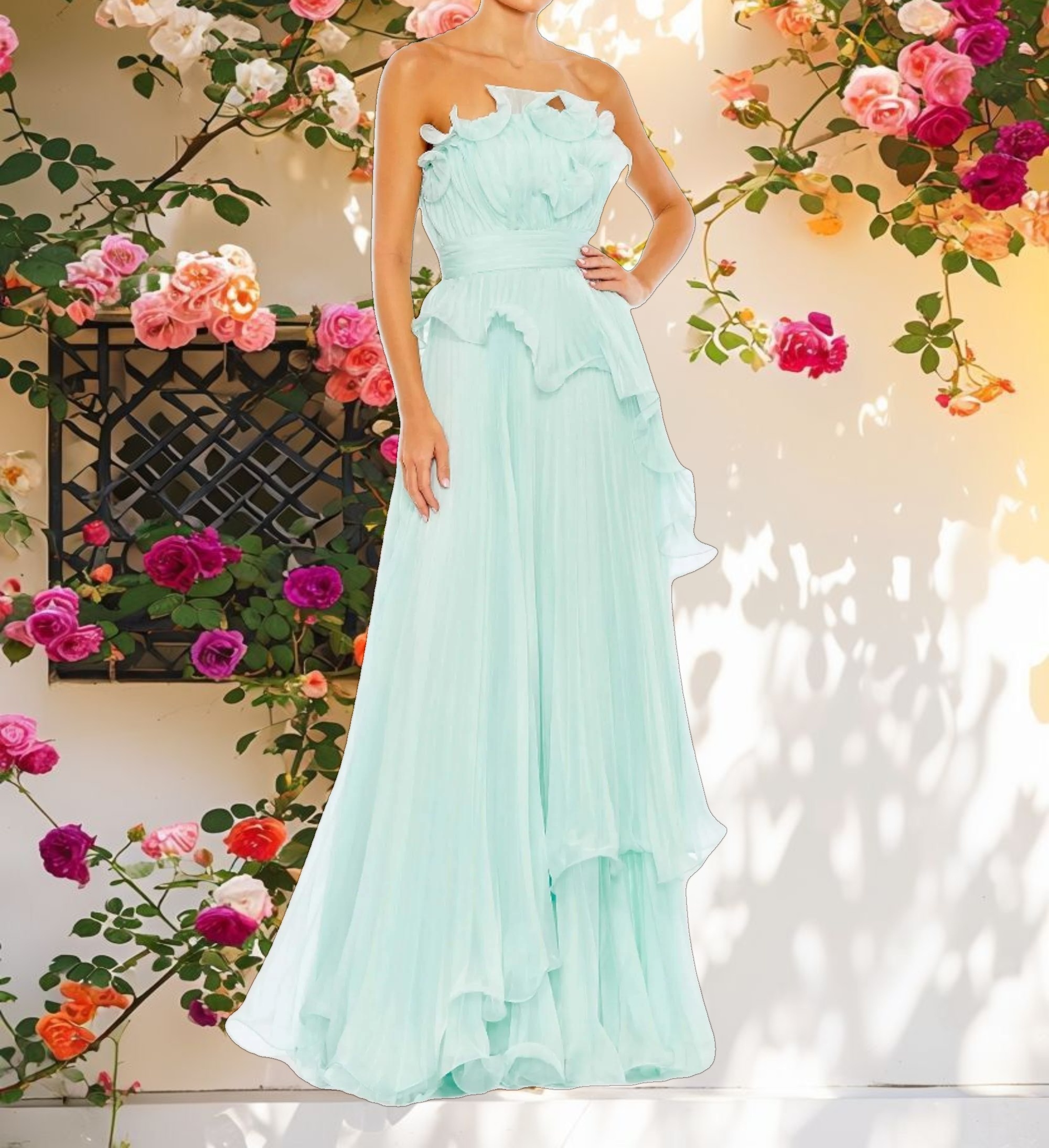 Pleated Tiered Ruffled Strapless Gown