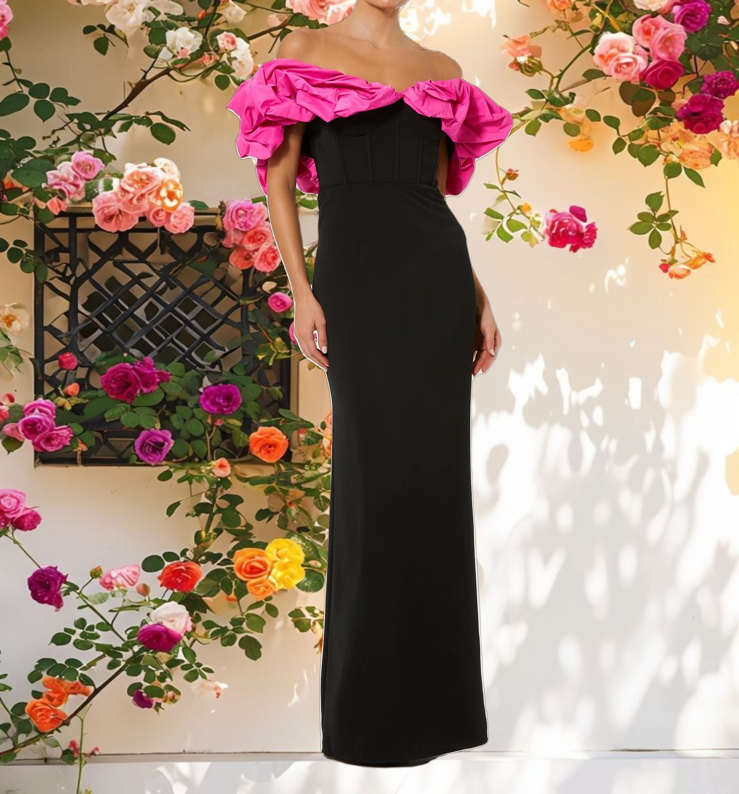 Black Crepe & Faille Off The Shoulder Gown