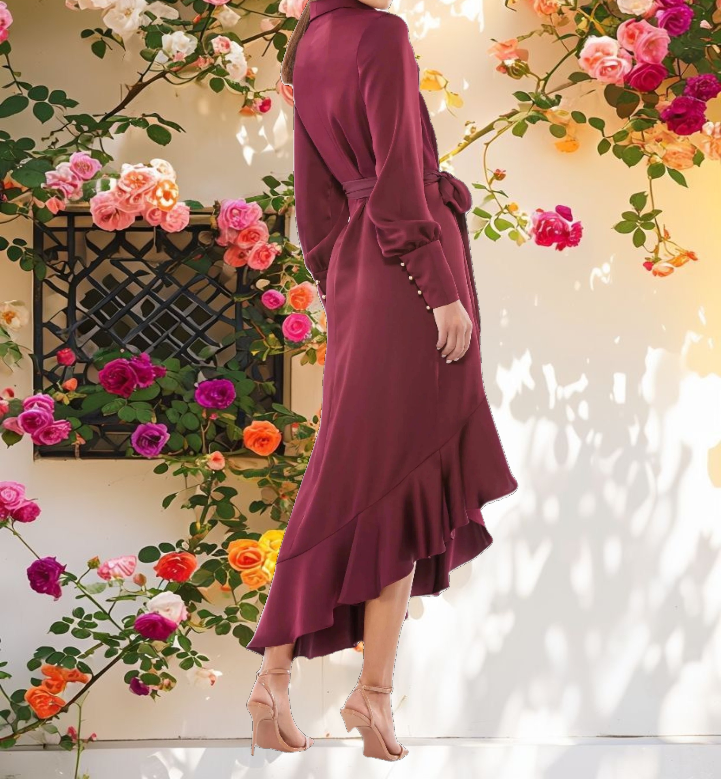 Red Long Sleeve Faux Wrap Midi Dress