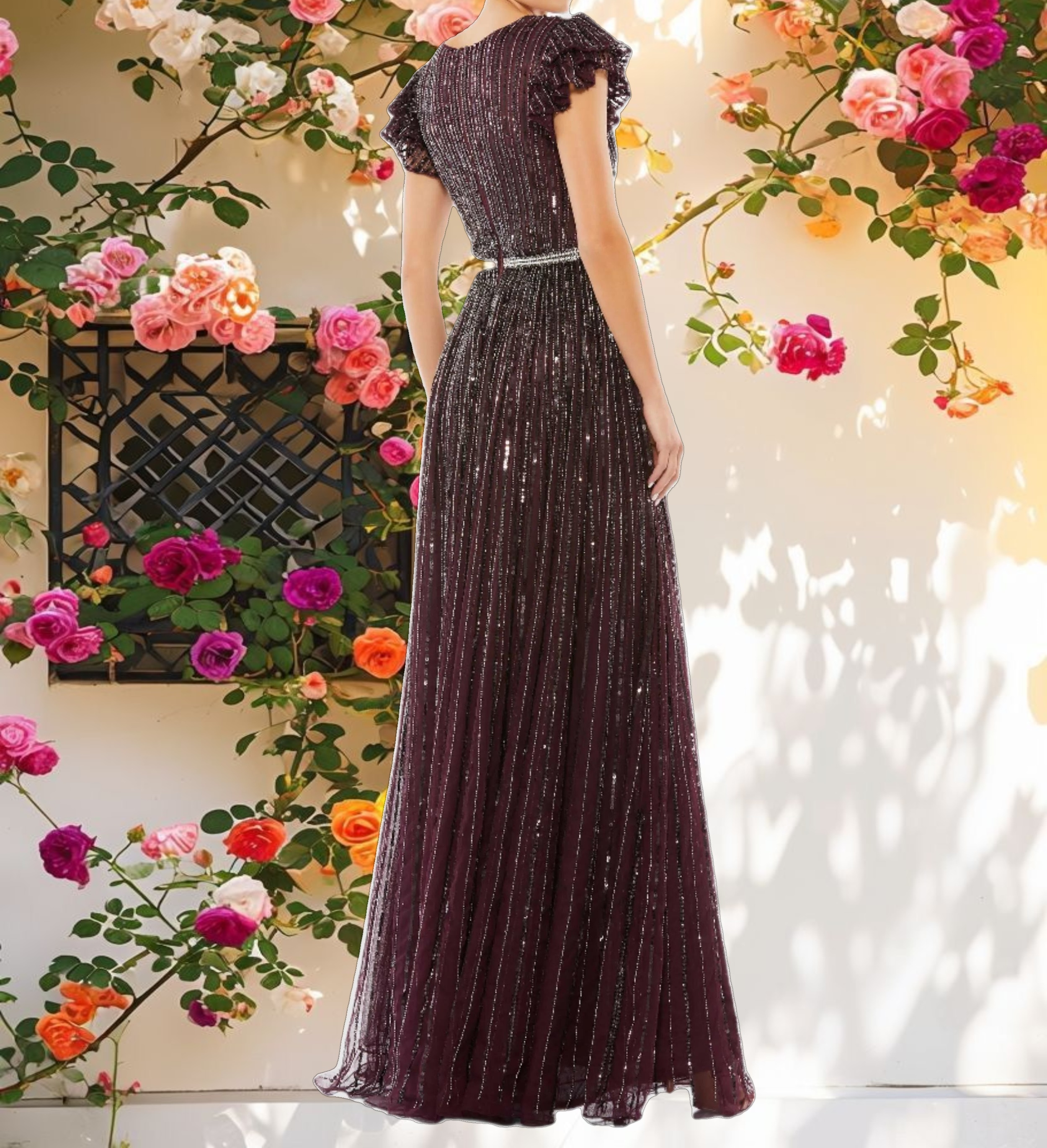 Dark Purple Sequined Wrap Over Ruffled Cap Sleeve Gown