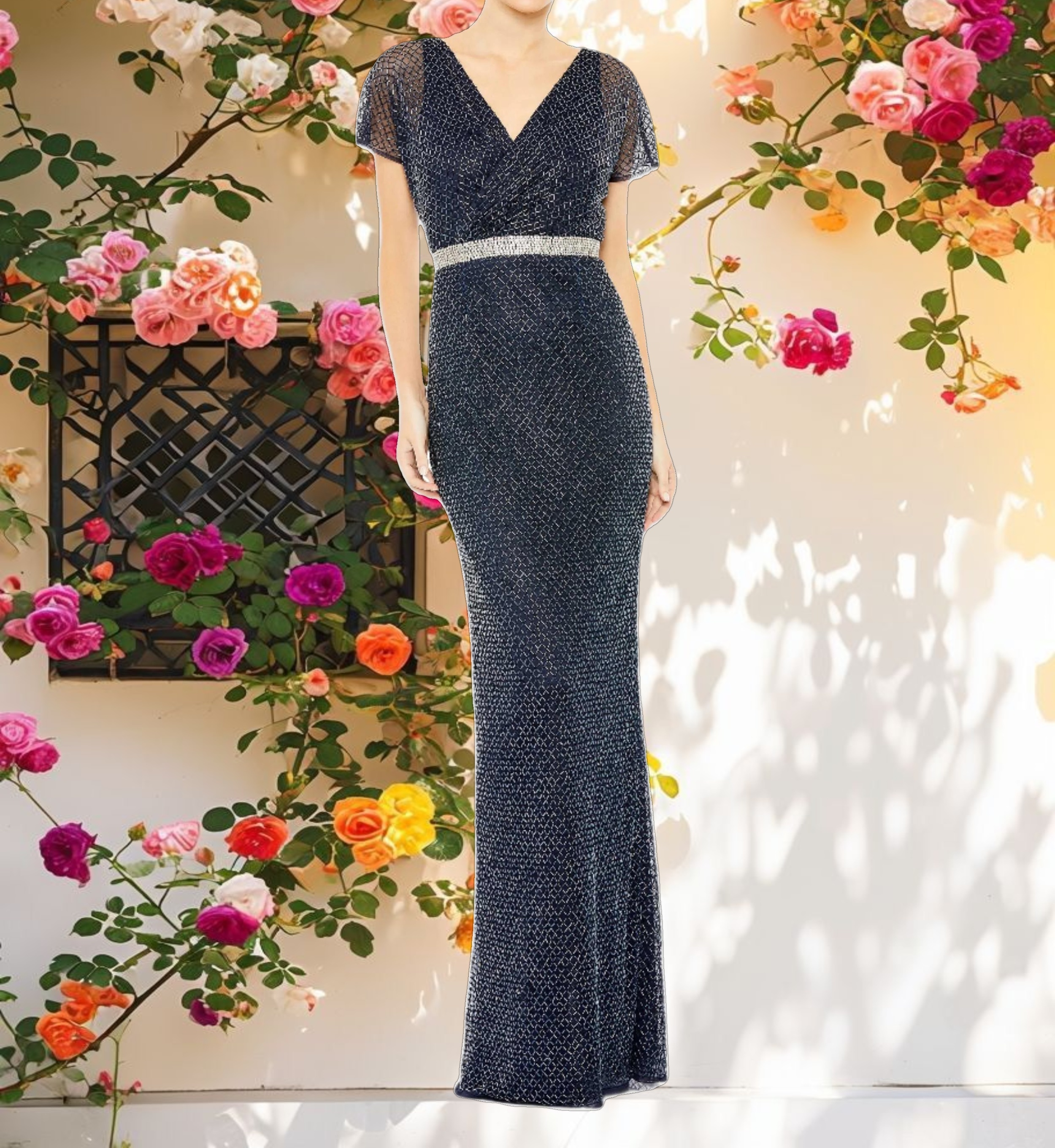 Navy Beaded Short Sleeve Column Gown