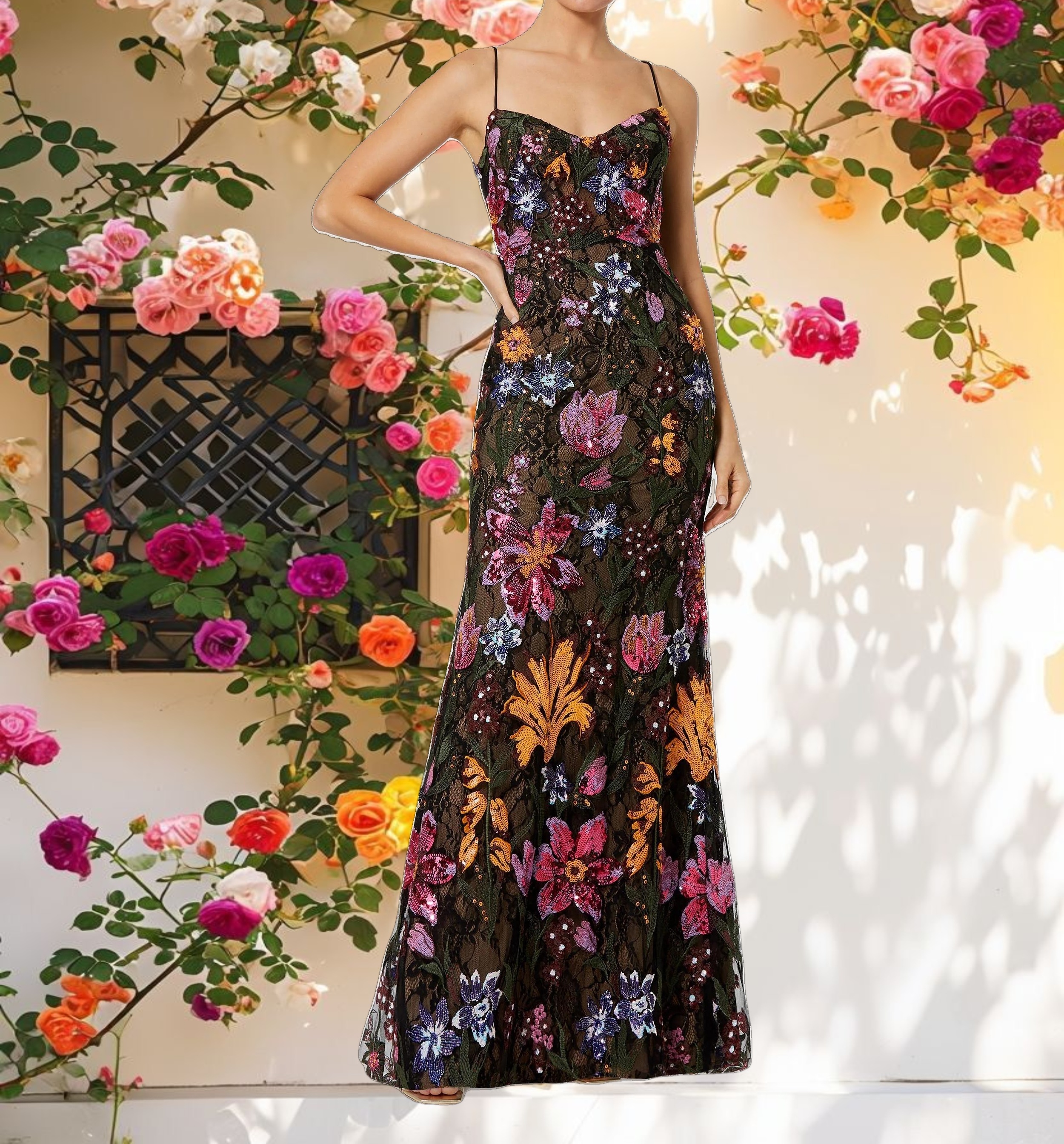 Spaghetti Strap Floral Embroidered Evening Dress