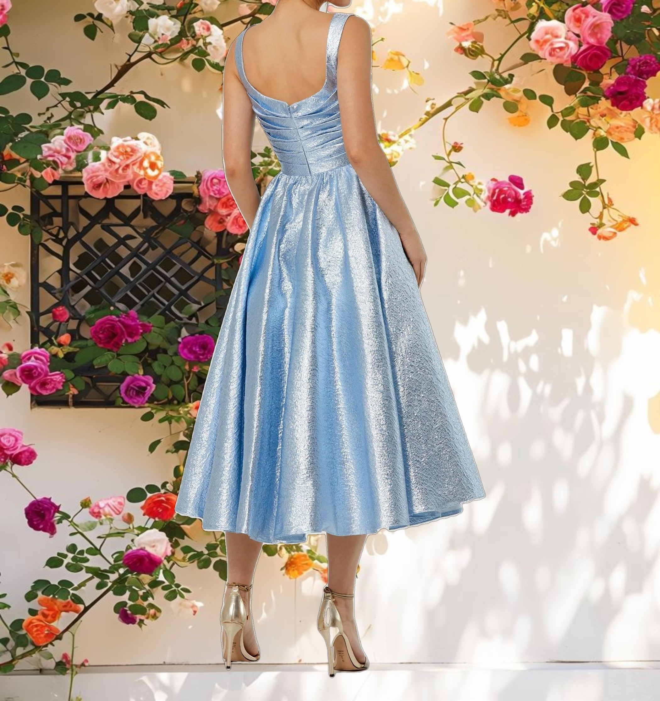 Square Neck Sleeveless A Line Midi Dress