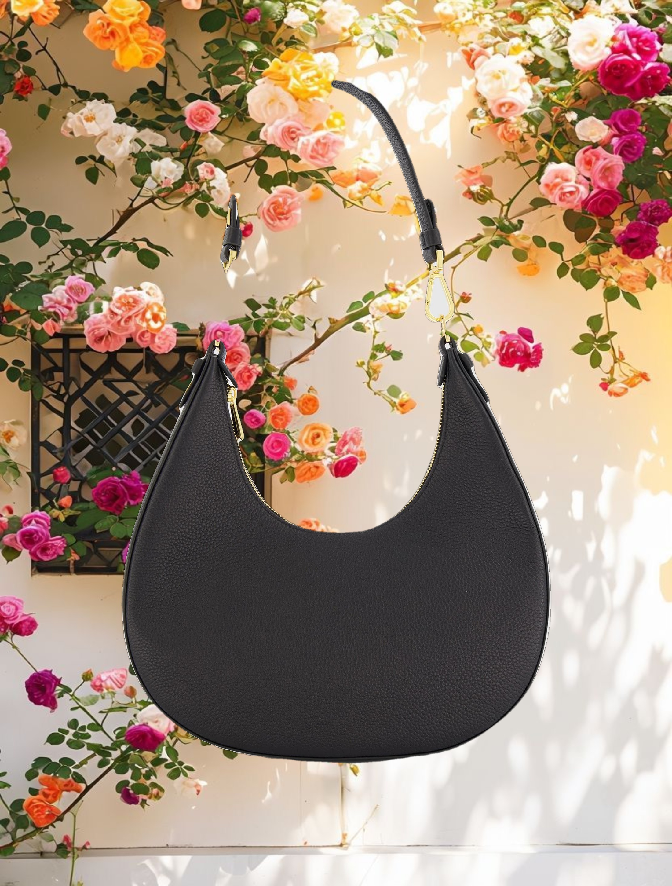Grain Leather Hobo Bag With Gold Hardware