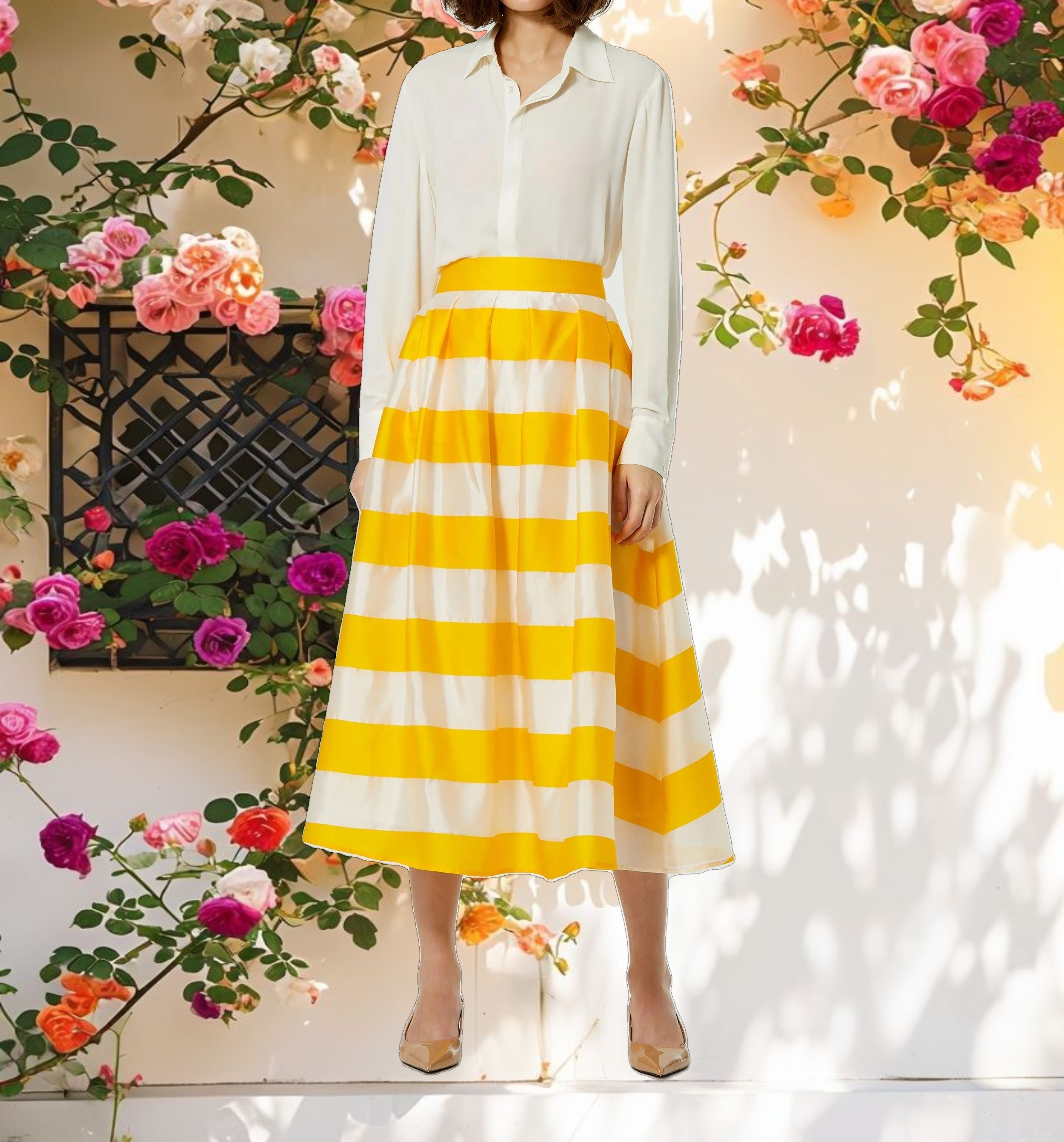 Striped Fabric High Waisted Midi Skirt