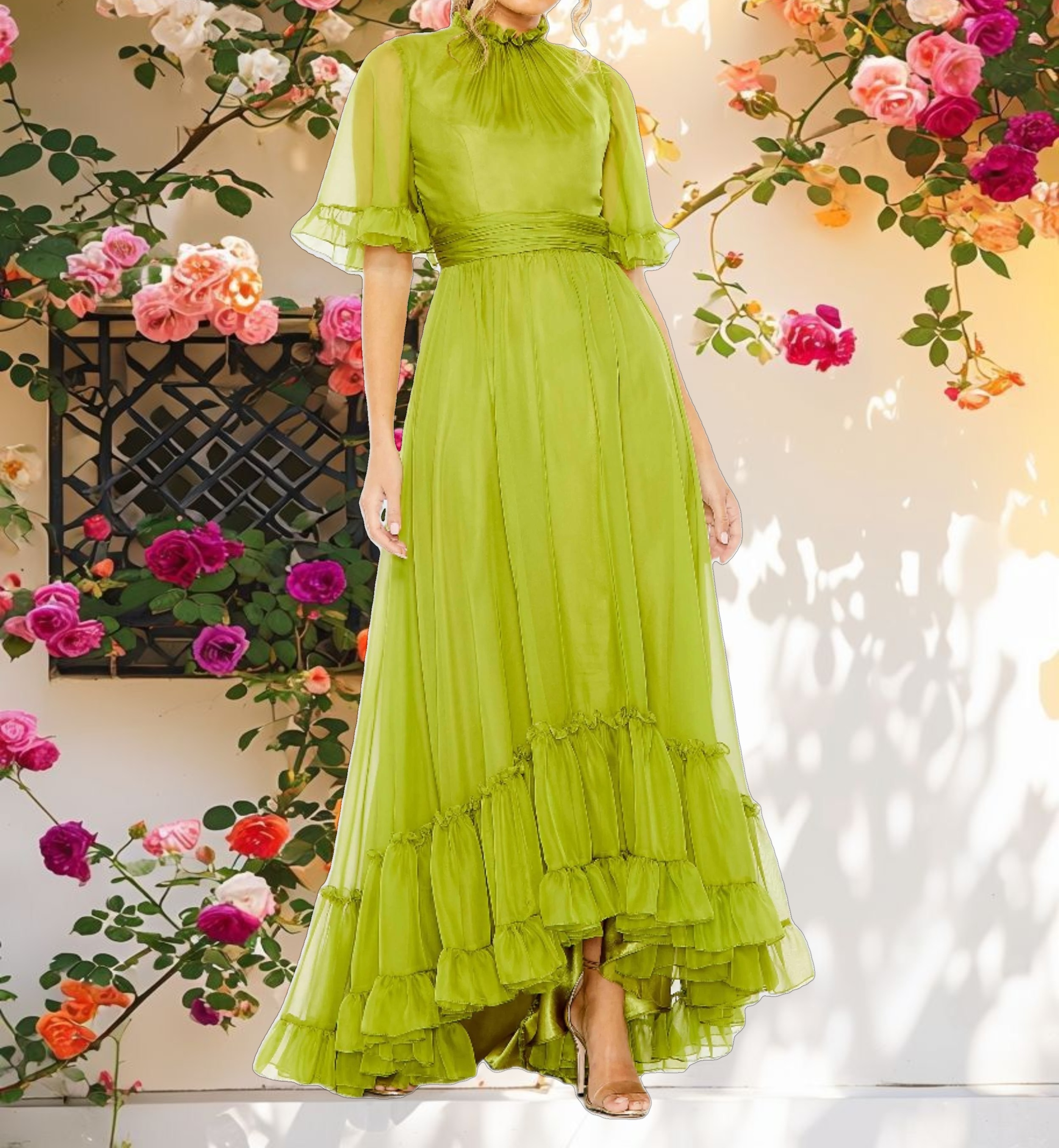 Green Ruffled Mock Neck Flutter Sleeve High Low Hem Gown