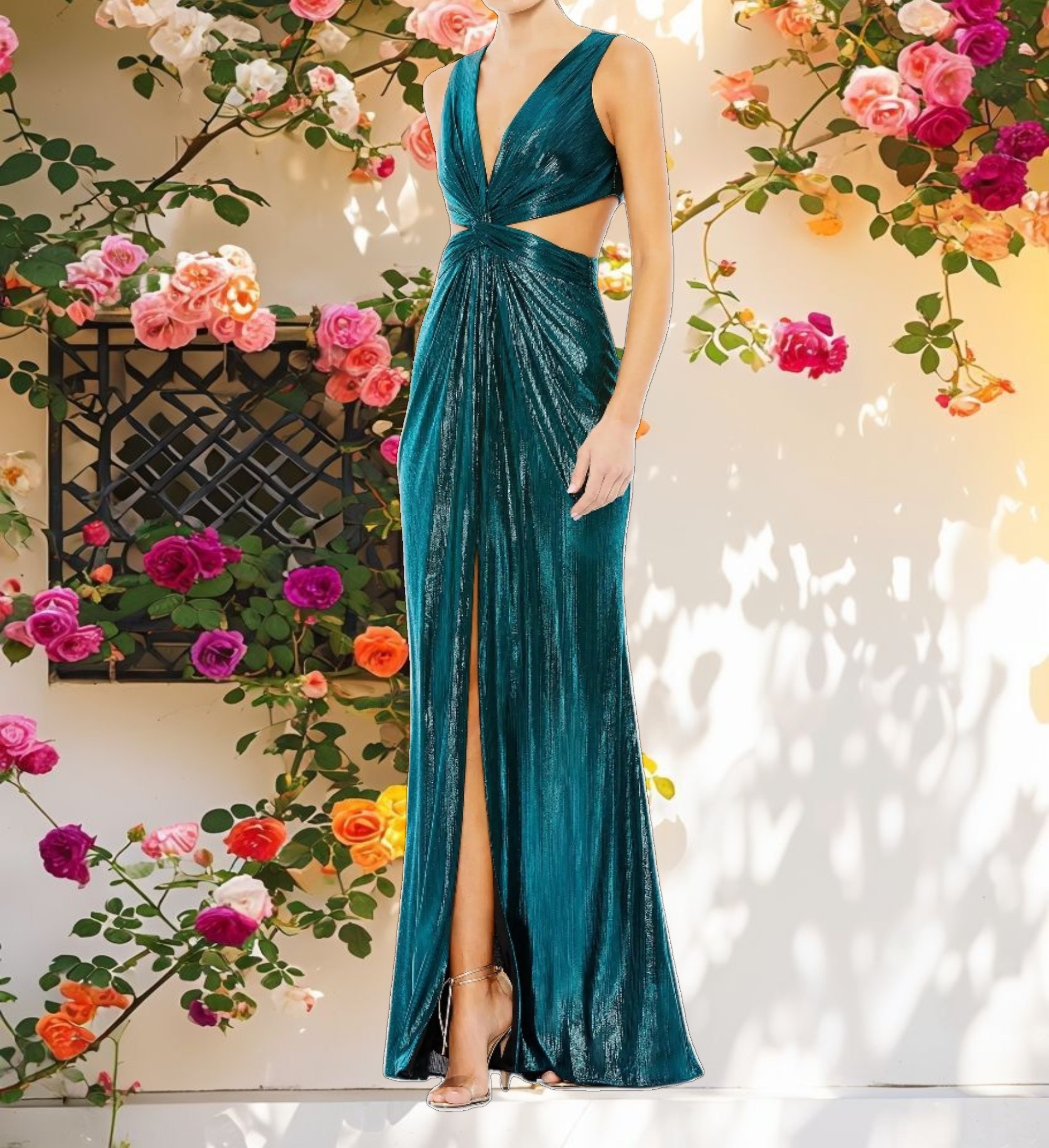 Teal Metallic Cut Out Mermaid Gown
