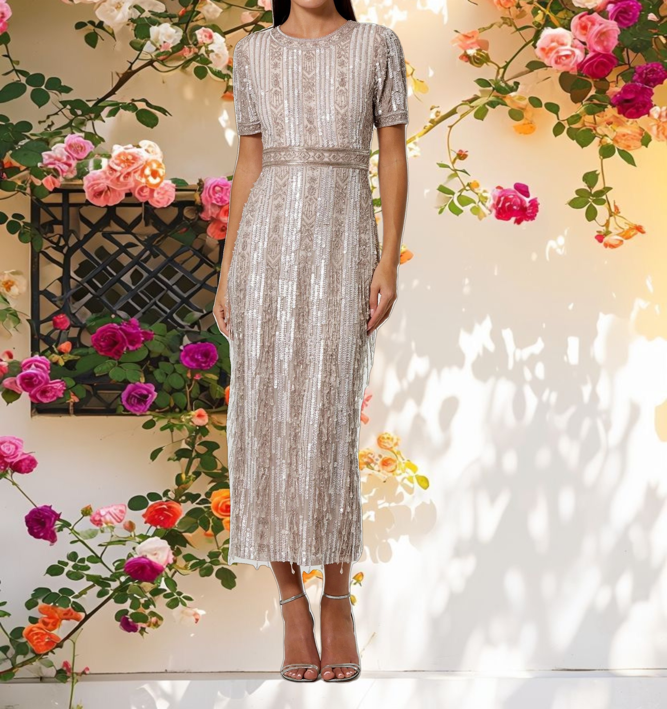 High Neck Short Sleeve Crystal Fringe Column Dress