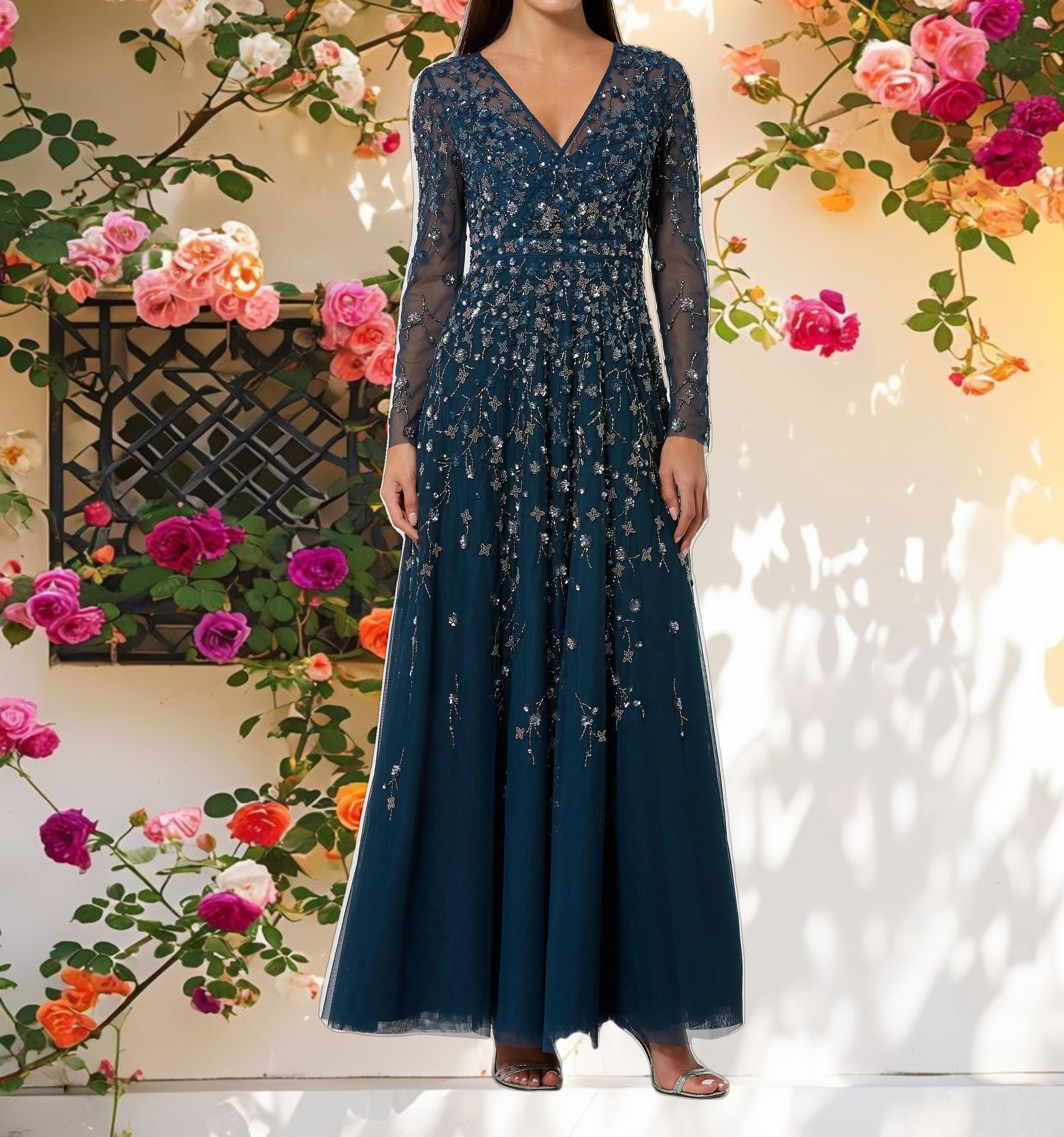 Navy Embellished Wrap Over Illusion Long Sleeve A Line Gown