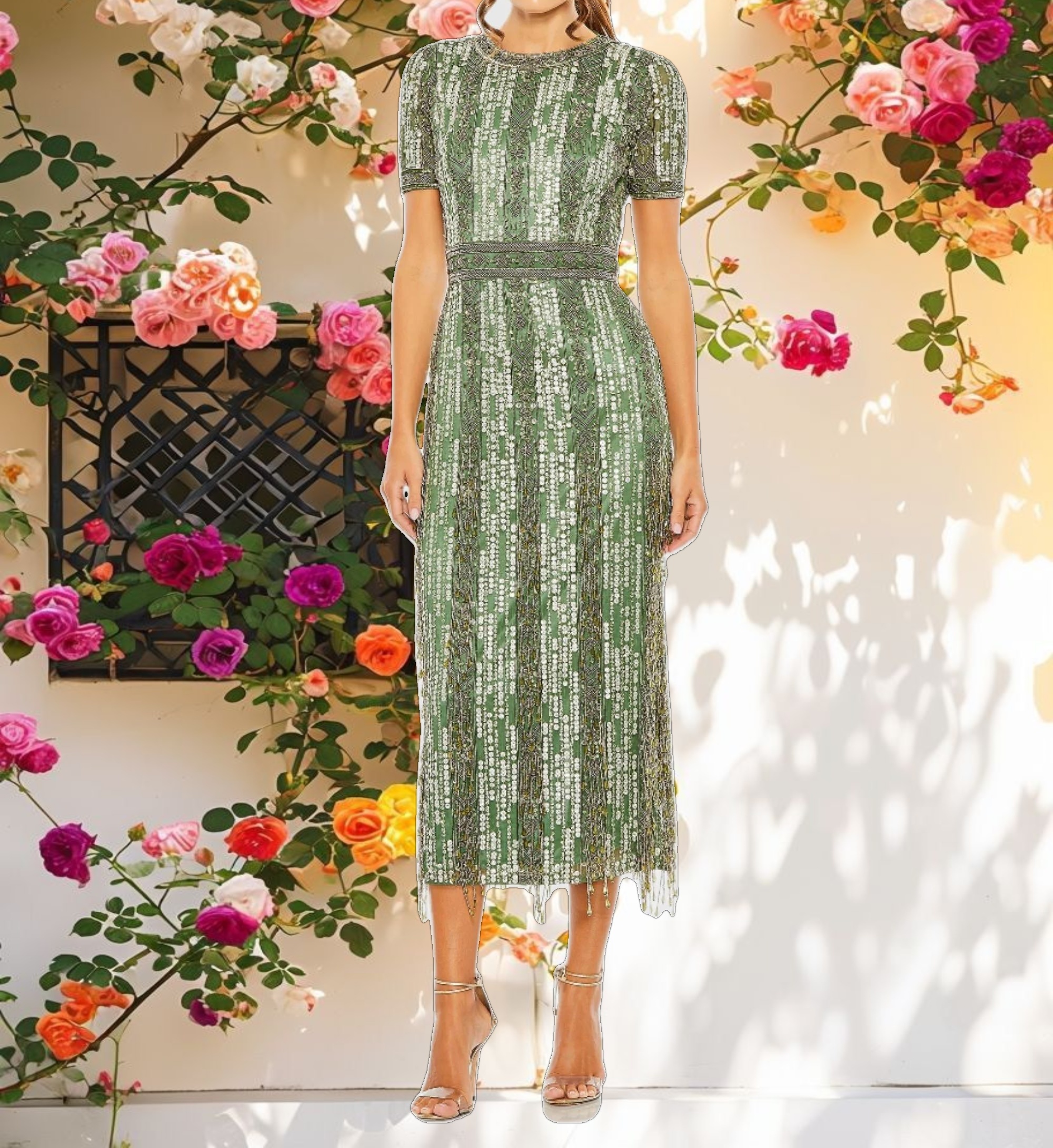 Green High Neck Short Sleeve Crystal Fringe Sheath Dress