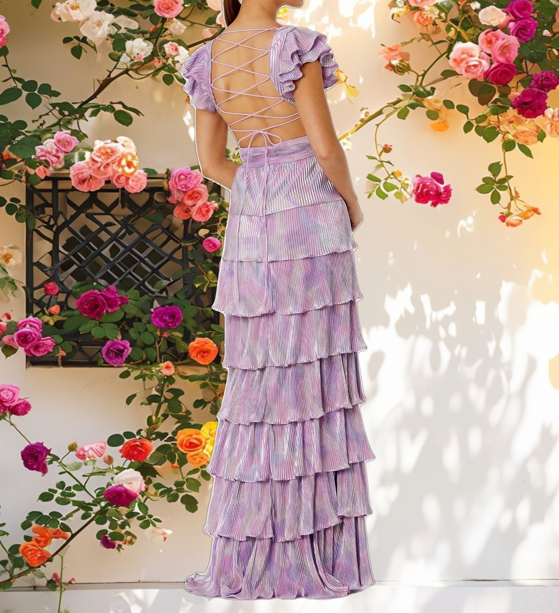 Purple Ruffle Tiered Criss Cross Lace Up Gown