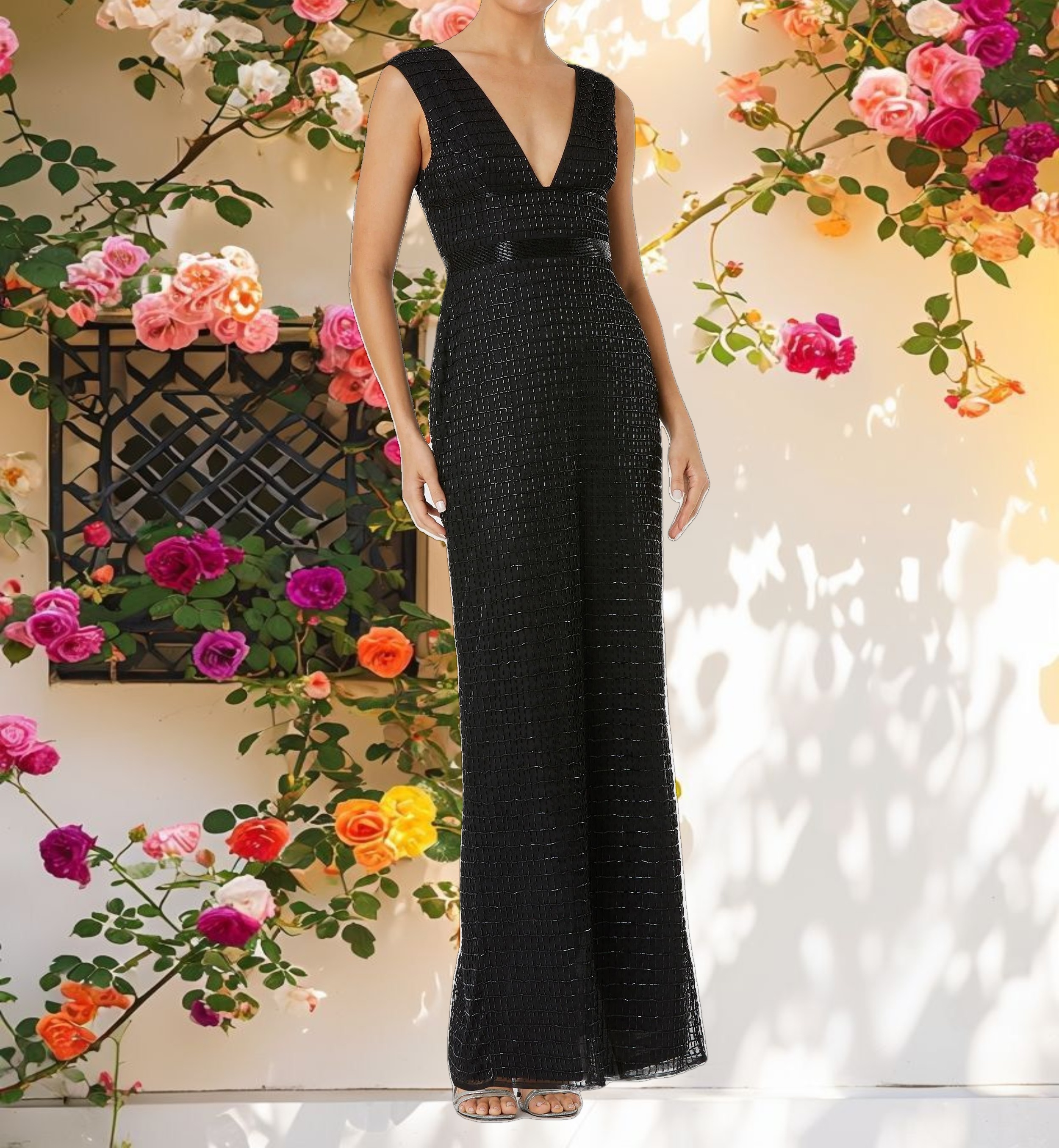 Beaded V Neck Column Dress