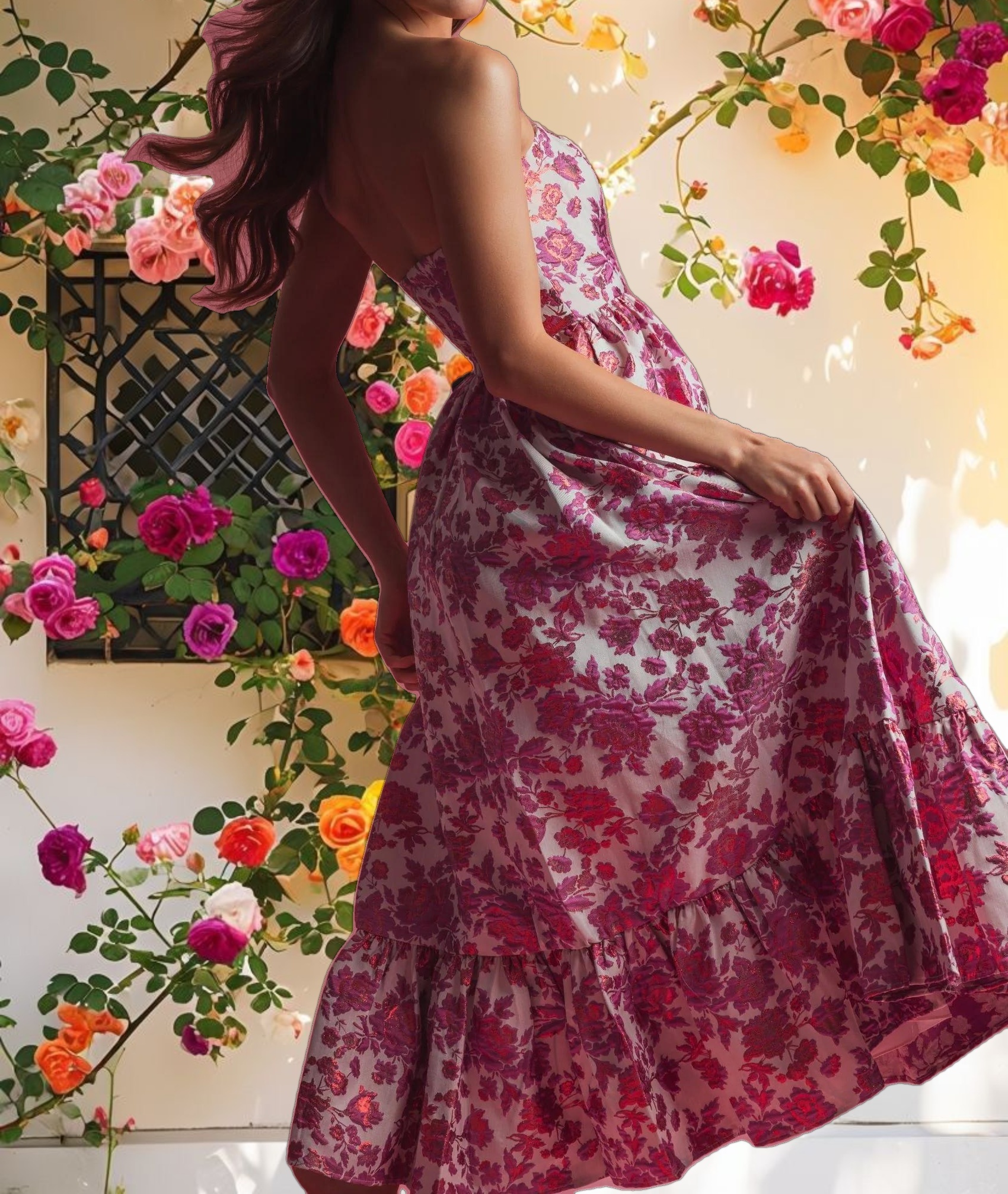 Pink Floral Brocade Strapless A Line Midi Dress