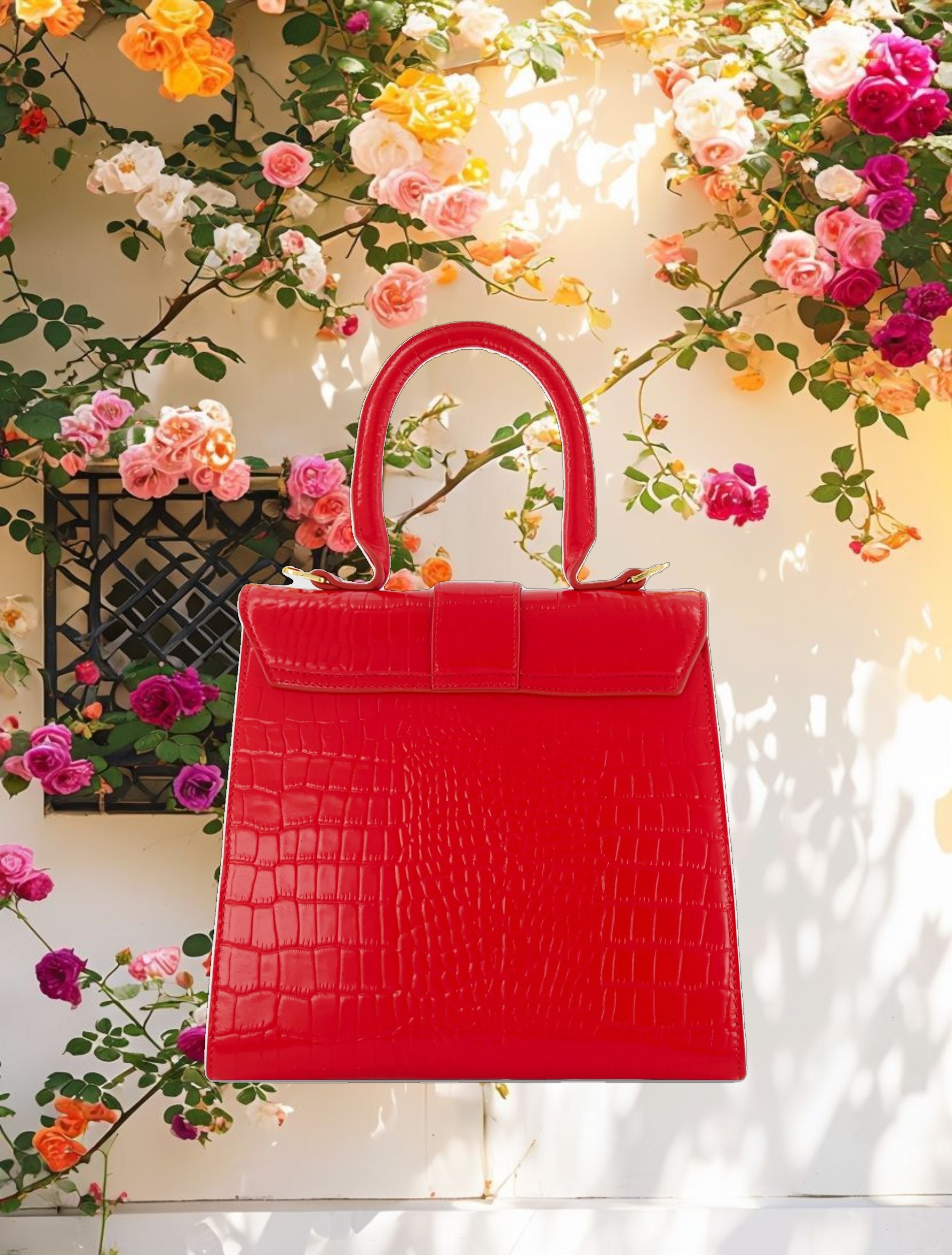 Buckled Medium Croco Leather Handbag with Detachable Strap