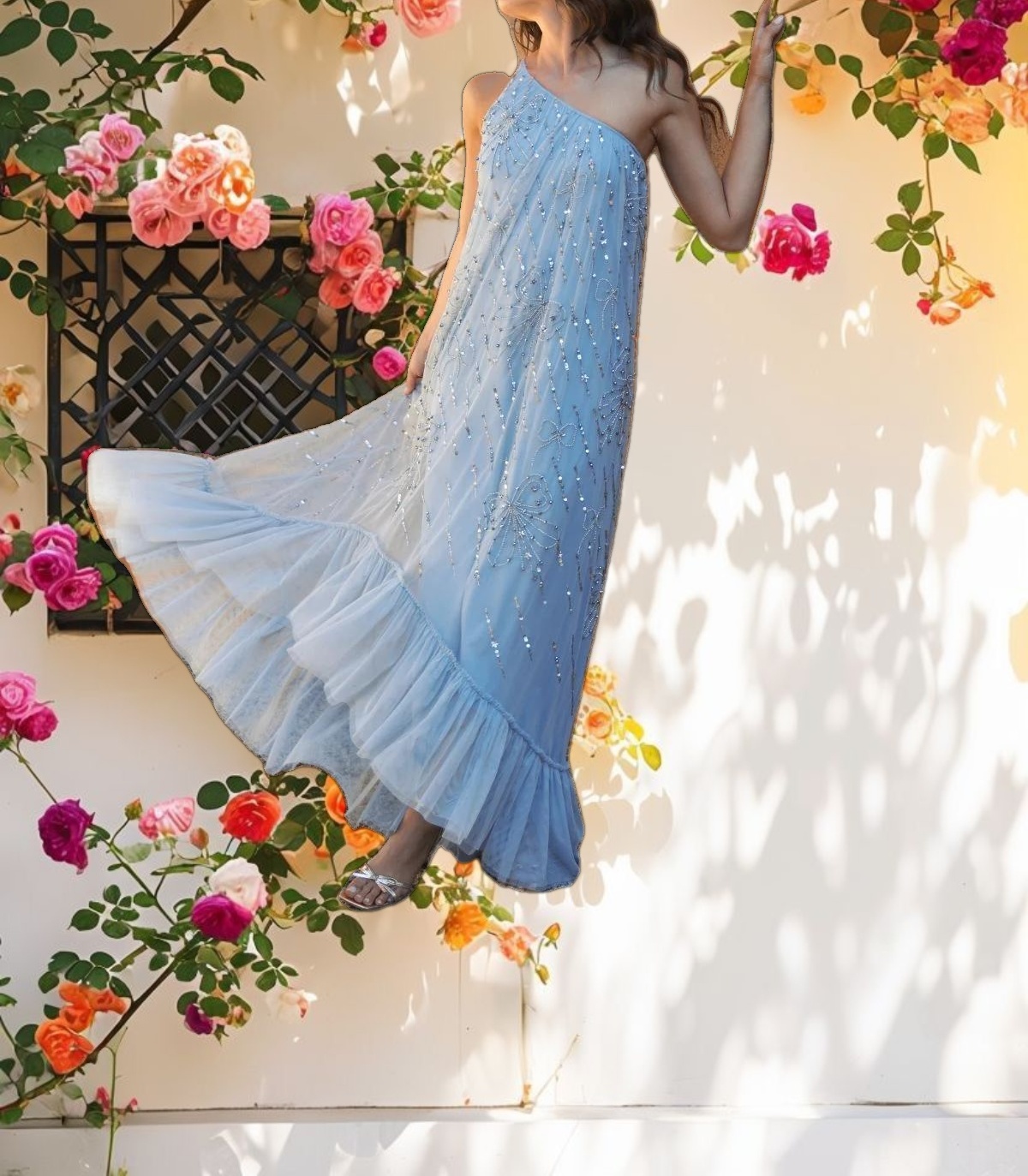 Blue Bow Embellished Mesh One Shoulder High Low Gown