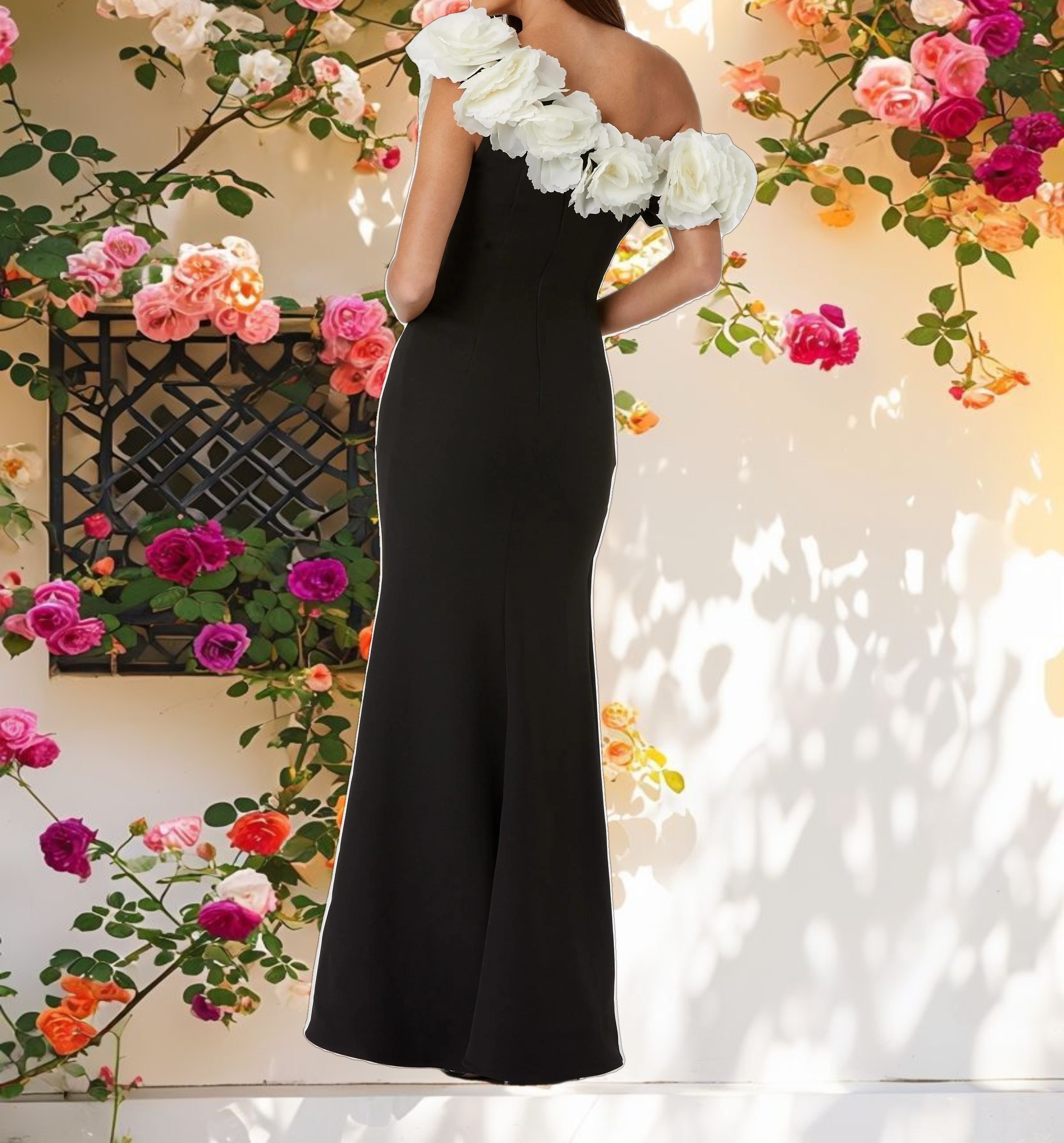 Black and White Jersey Gown With 3D Flower Off The Shoulder Detail