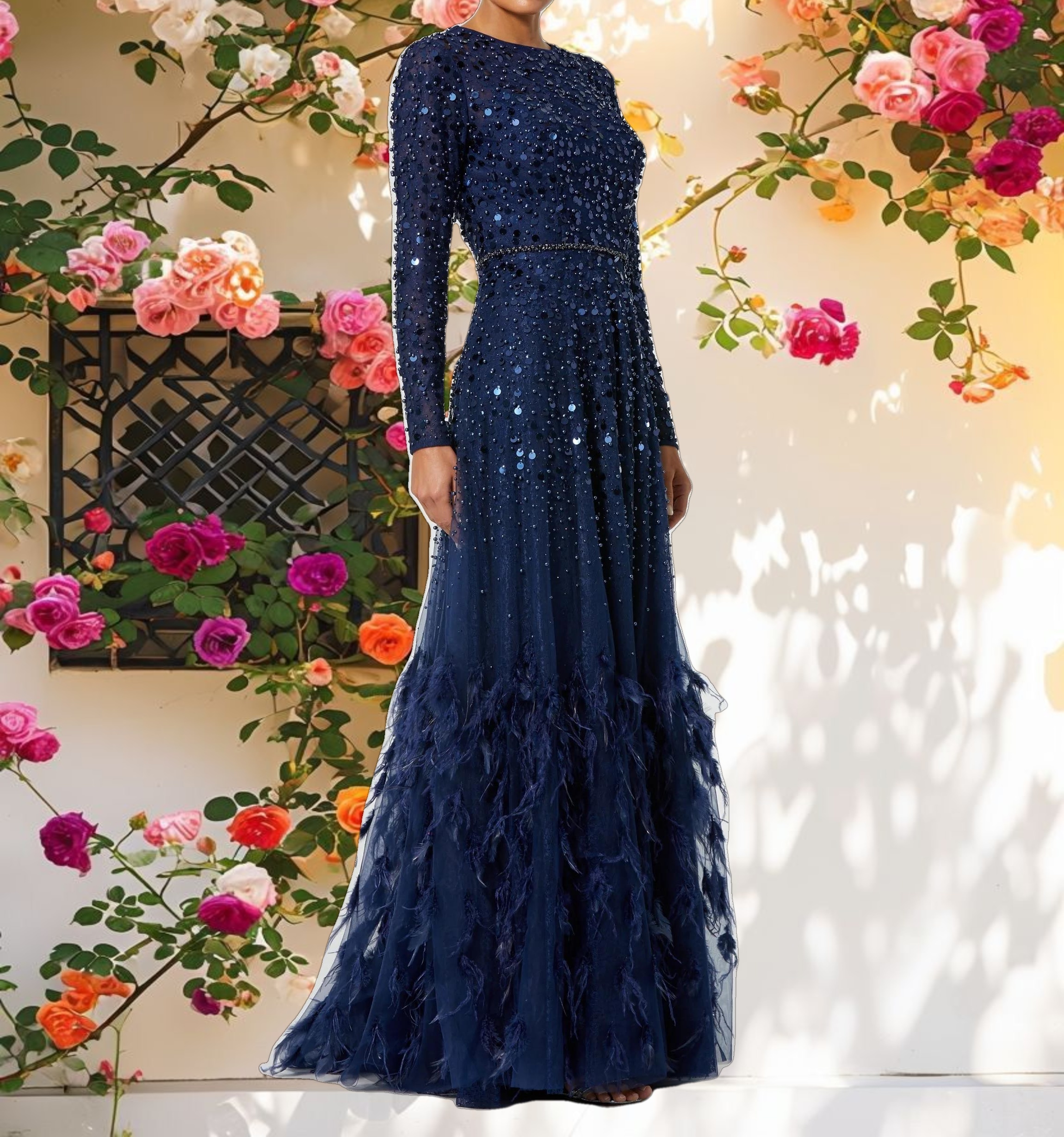 Stylish Sequin Gown with Feather Detail