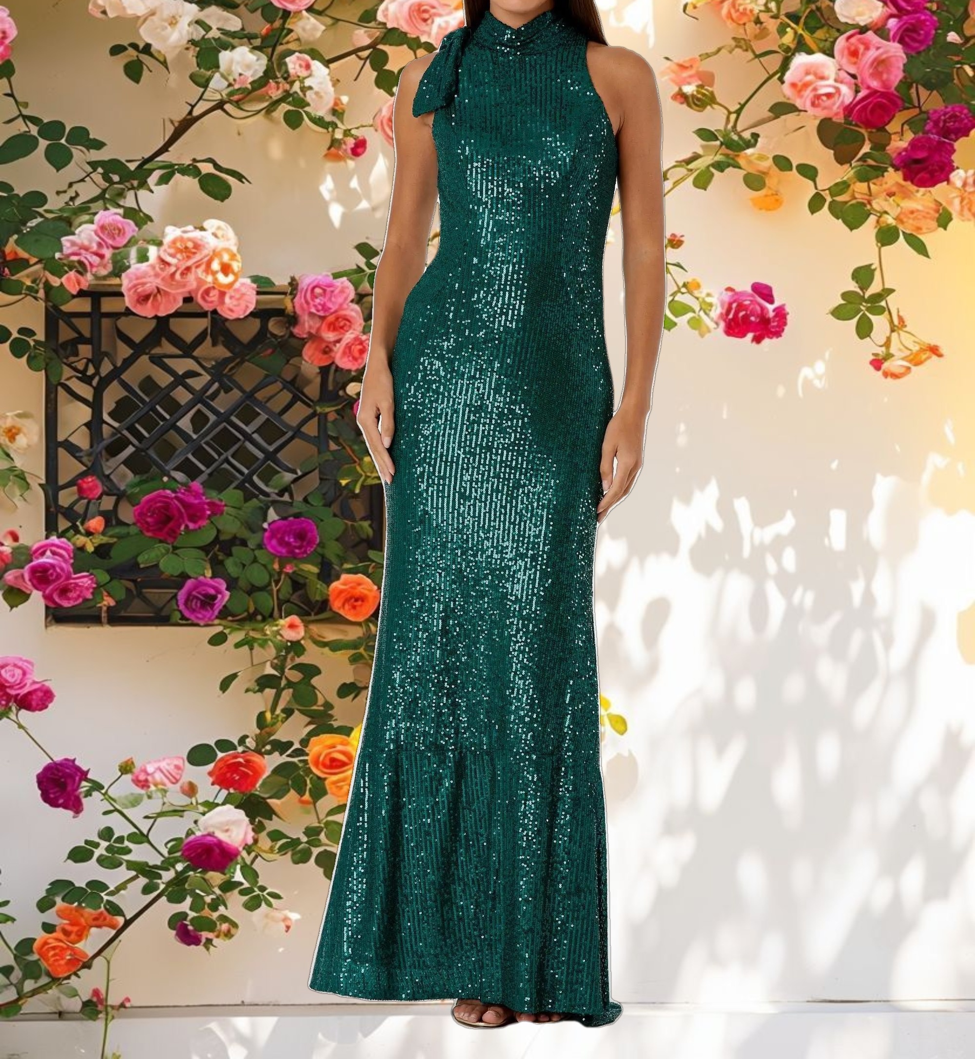 Green Soft Tie Halter Neck Sequin Gown