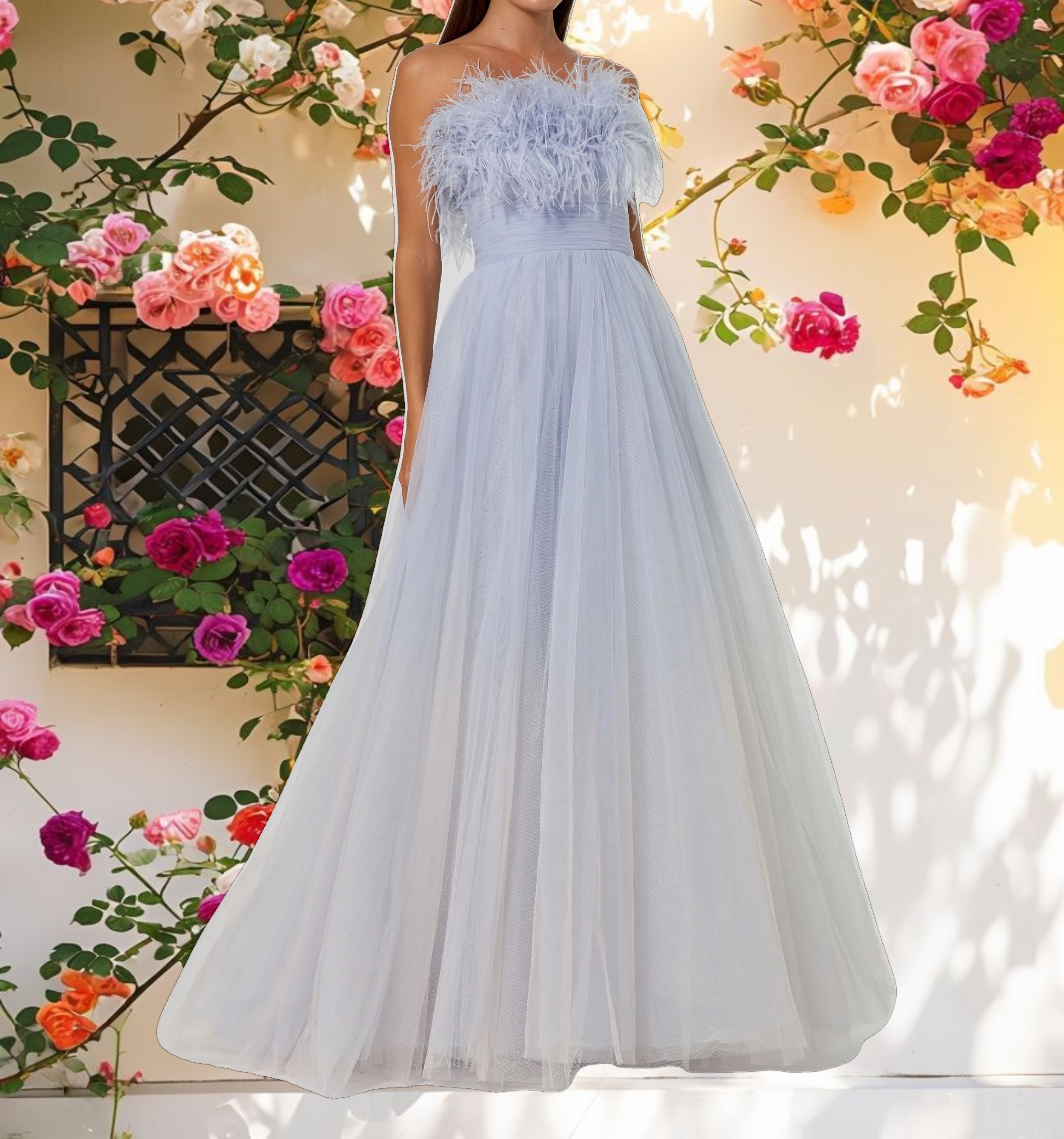 Blue Ombre Strapless Feather Bodice Tulle Gown