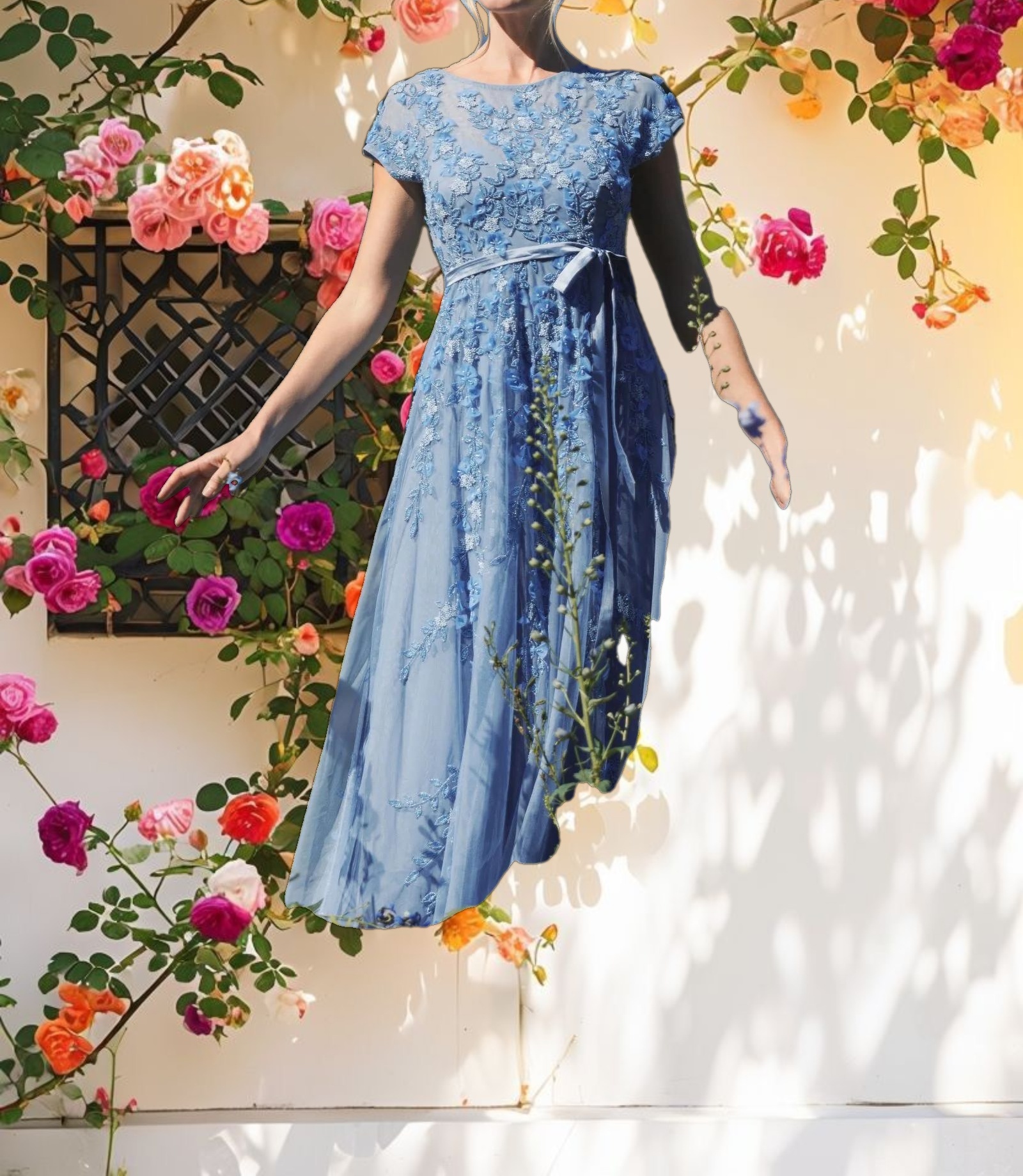 Blue Floral Embellished Short Sleeve Mesh Gown