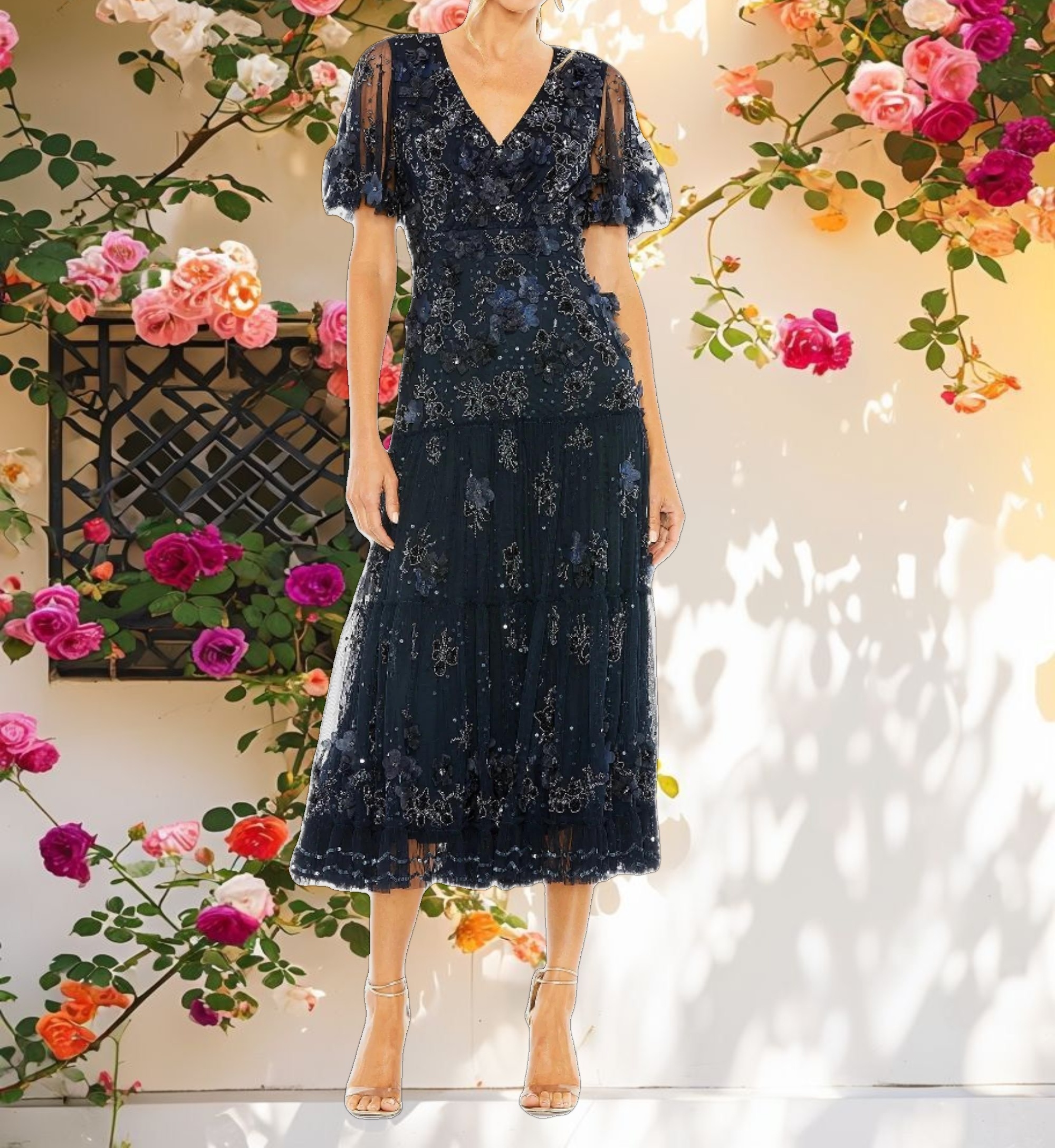 Floral Embellished Flutter Sleeve Tiered Dress