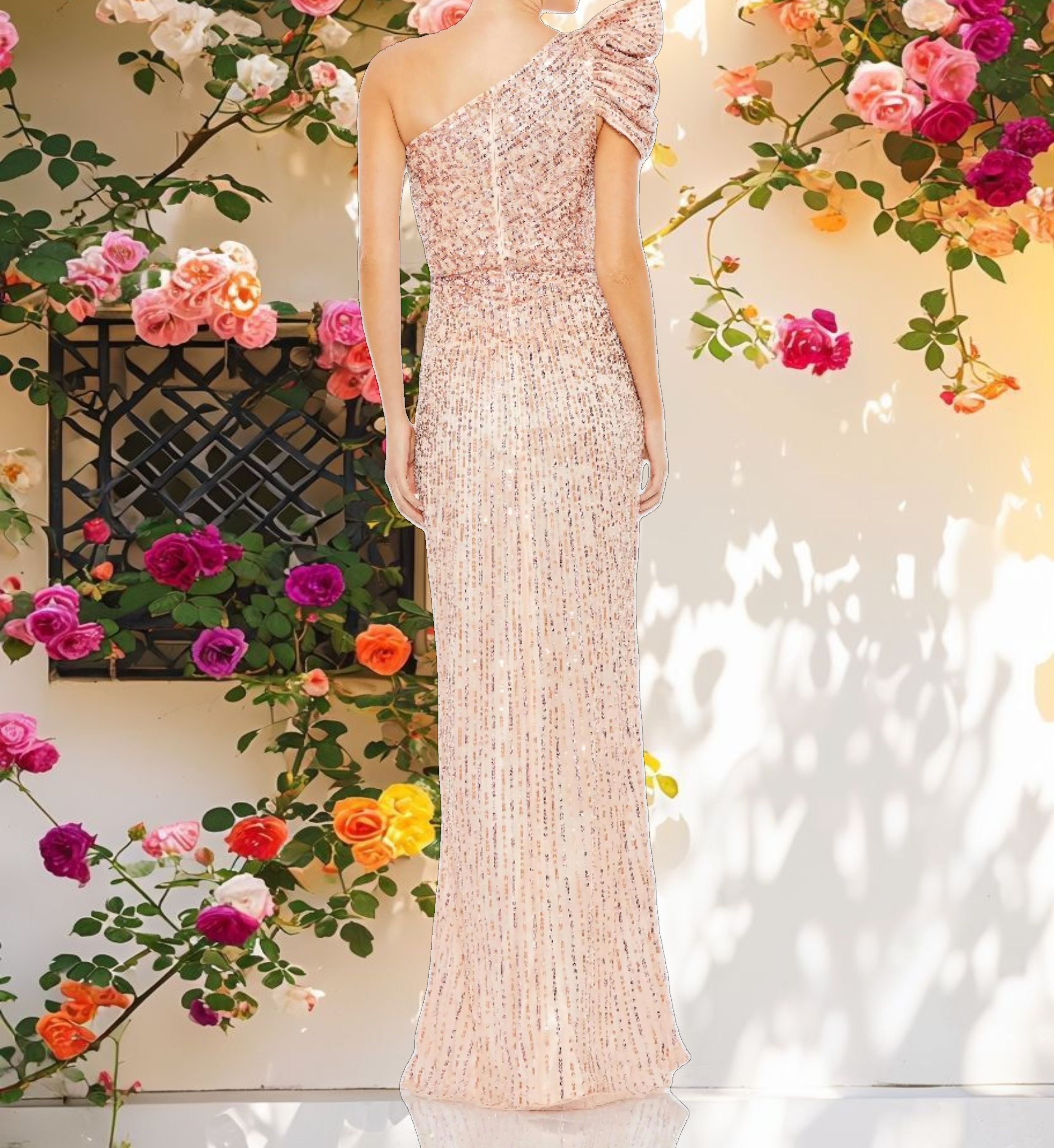 Pink Embellished Puff One Shoulder Gown