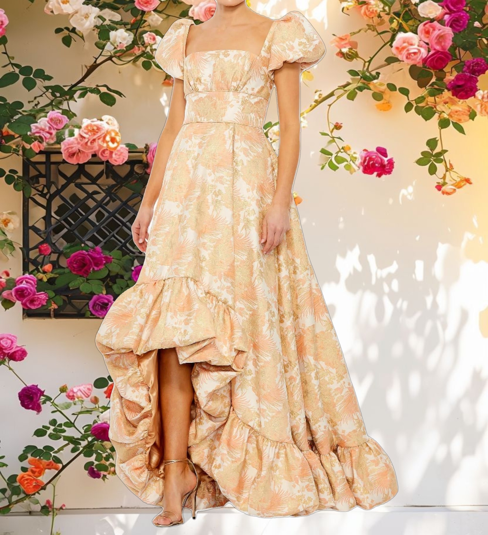 Orange Floral Print Puff Sleeve High Low Brocade Gown